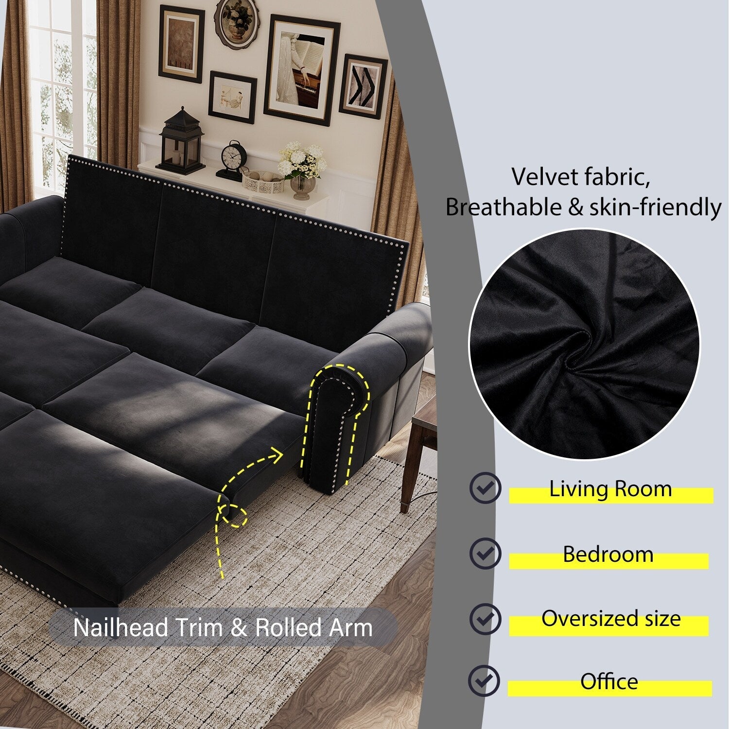 Canapé-lit 3 places en velours 93,7 pouces 3 en 1 avec accoudoirs roulés et garniture cloutée