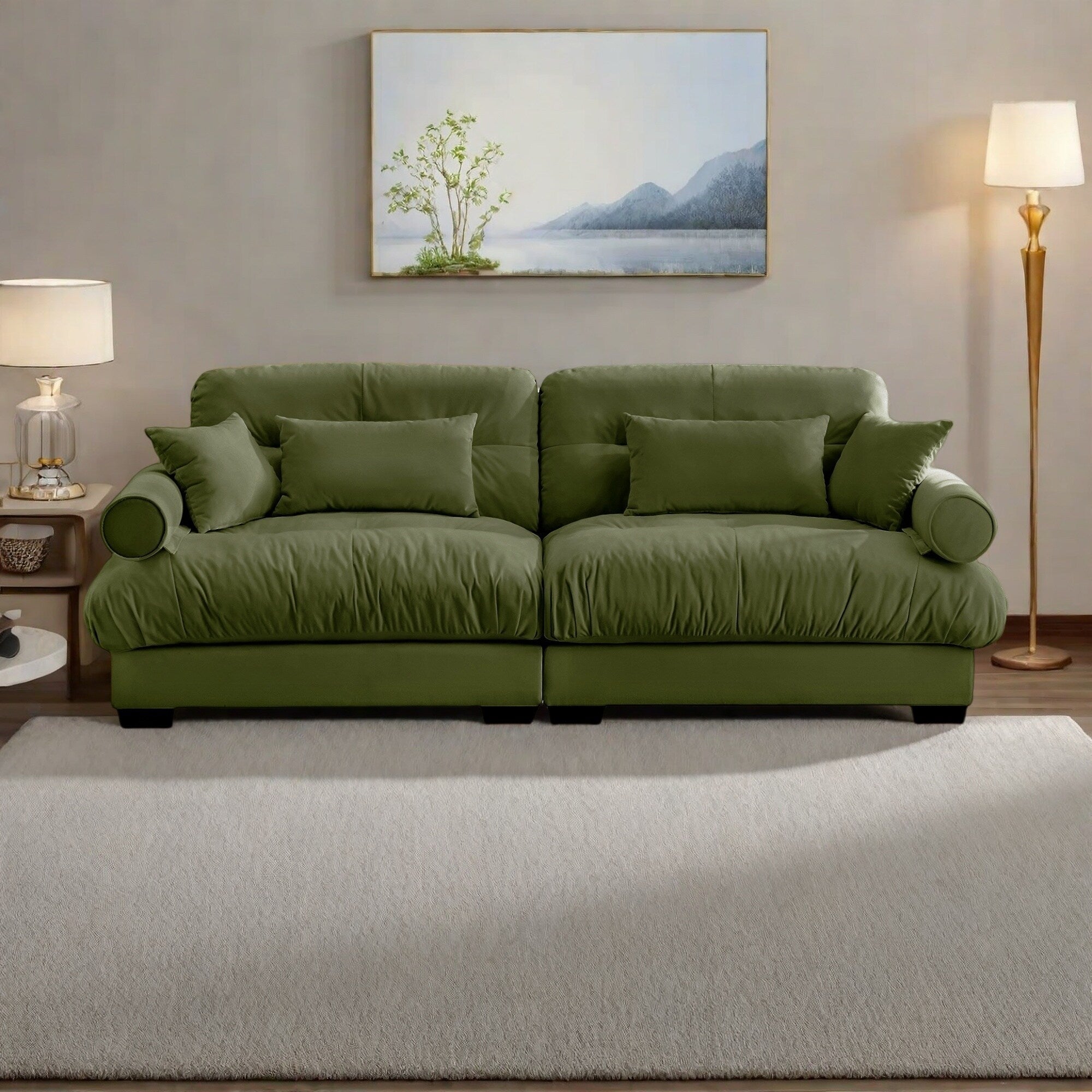 Canapé 3 places en velours 93,7 avec accoudoirs traversins et coussins en éponge haute résilience