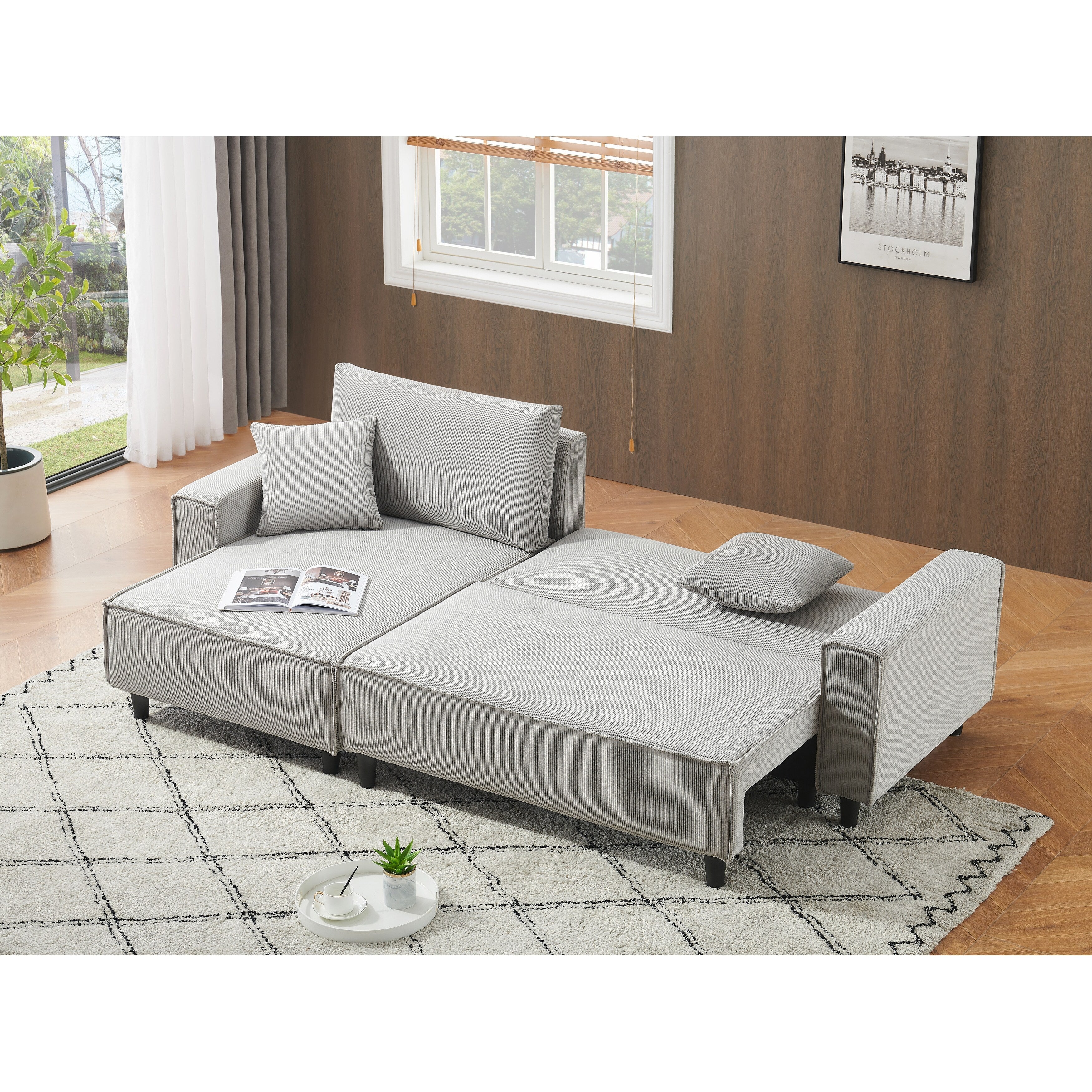 Canapé-lit convertible 3 places en velours côtelé de 93 po avec méridienne réglable, deux oreillers et rangement - Design compact