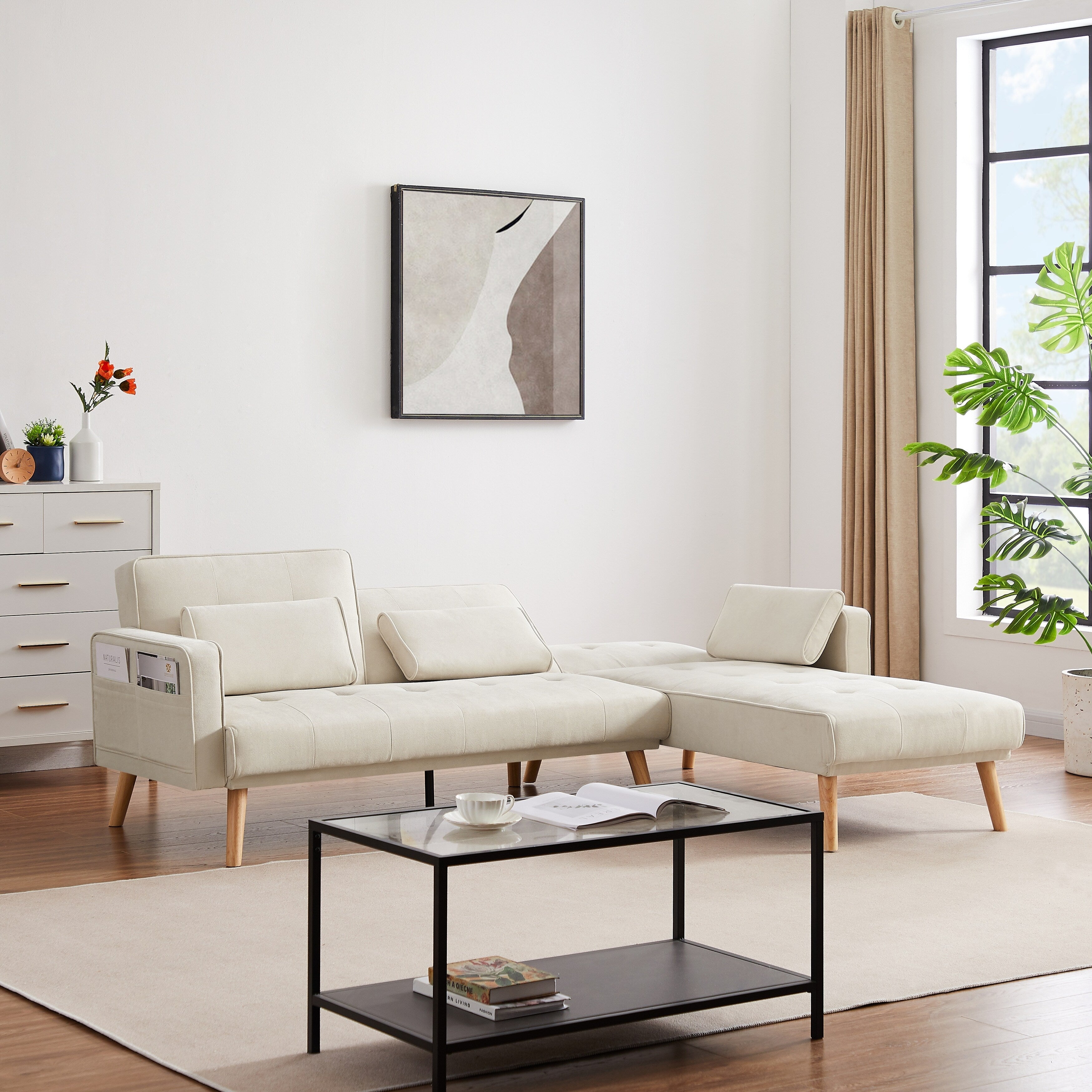 Canapé sectionnel convertible en lin 94,5 avec méridienne orientée à droite, sac de rangement et coussins en mousse