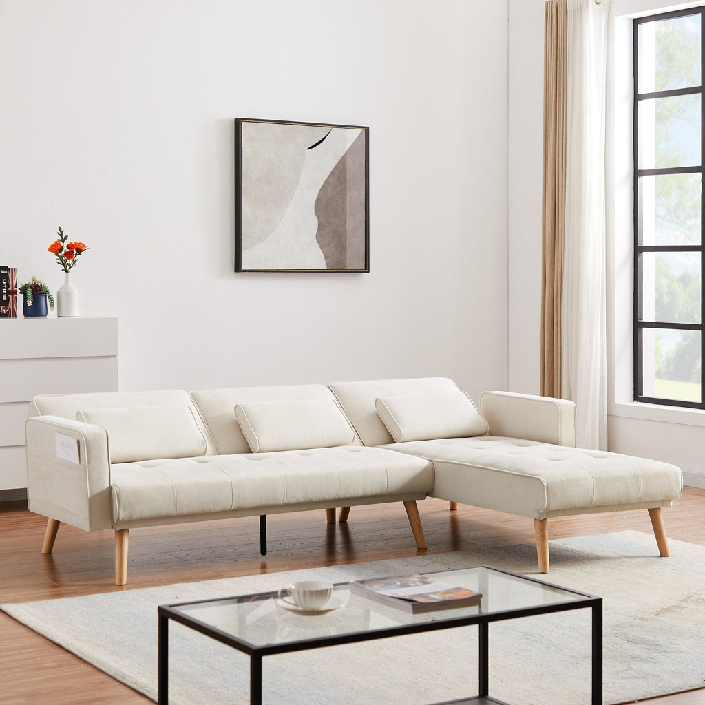 Canapé sectionnel convertible en lin de 94,5 po avec méridienne, design orienté à droite, coussins en mousse et sac de rangement