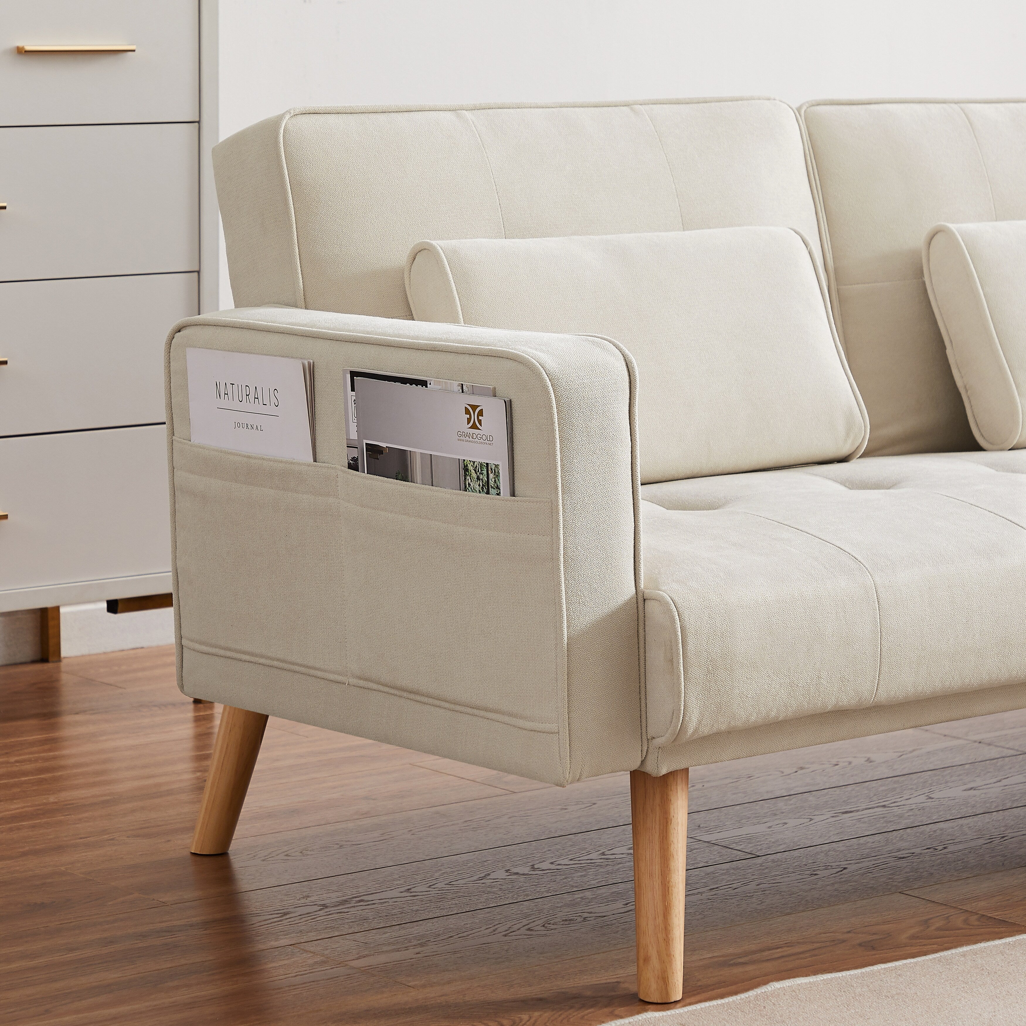 Canapé sectionnel convertible en lin de 94,5 po avec méridienne, design orienté à droite, coussins en mousse et sac de rangement