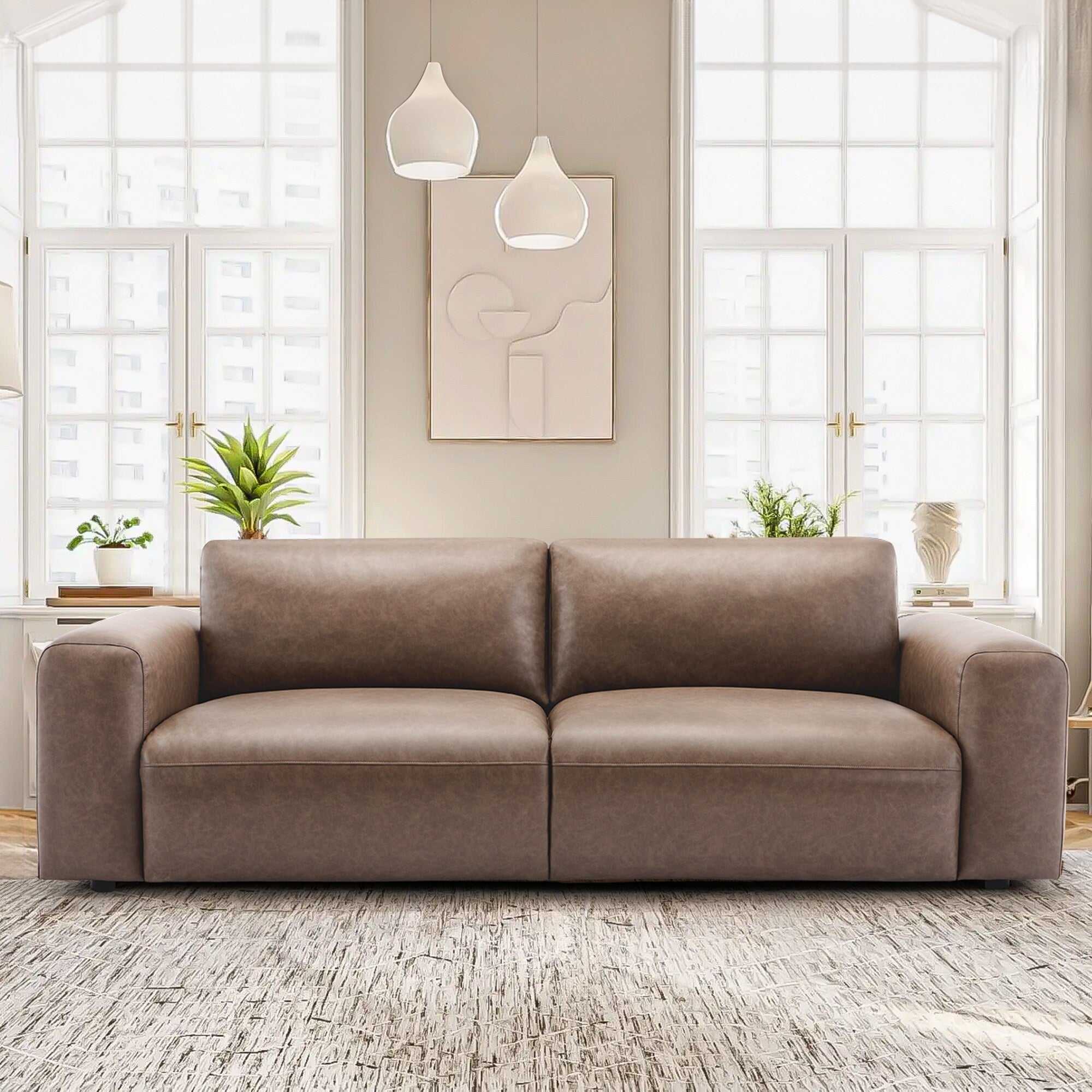 Canapé 3 places surdimensionné 95 cm - Assises extra profondes et accoudoirs larges, canapé en cuir synthétique garni de duvet pour salon et appartement