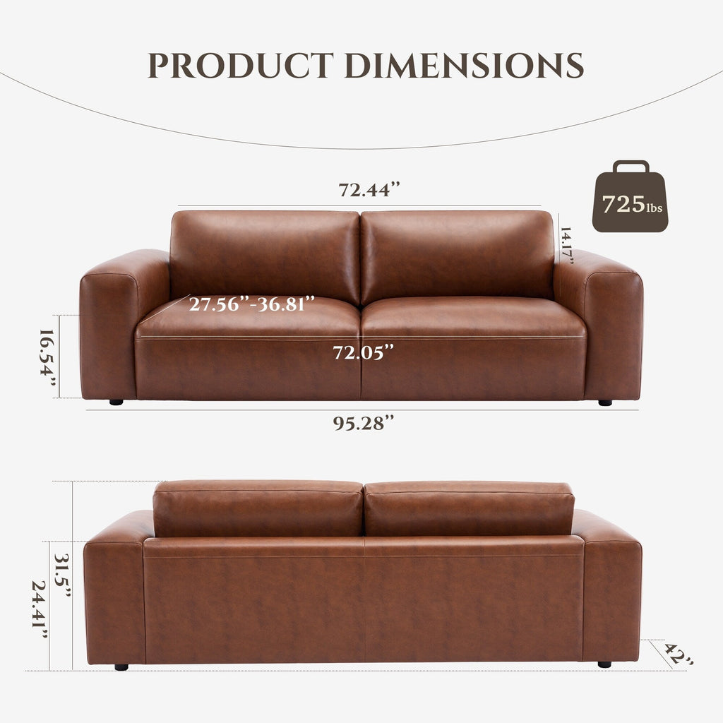 Canapé 3 places surdimensionné 95 cm - Assises extra profondes et accoudoirs larges, canapé en cuir synthétique garni de duvet pour salon et appartement