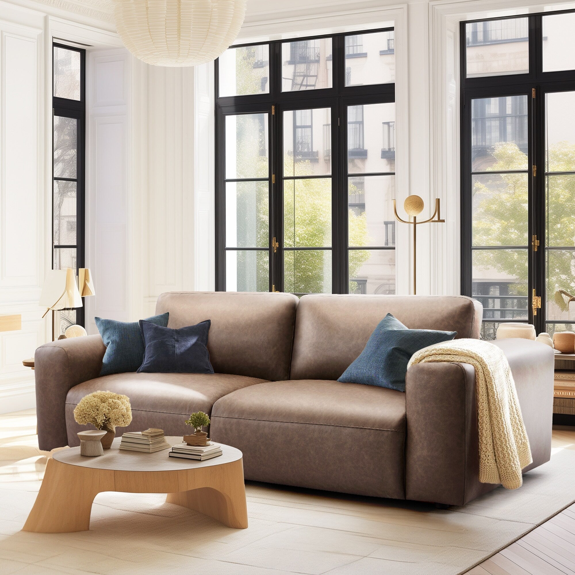 Canapé 3 places surdimensionné 95 cm - Assises extra profondes et accoudoirs larges, canapé en cuir synthétique garni de duvet pour salon et appartement