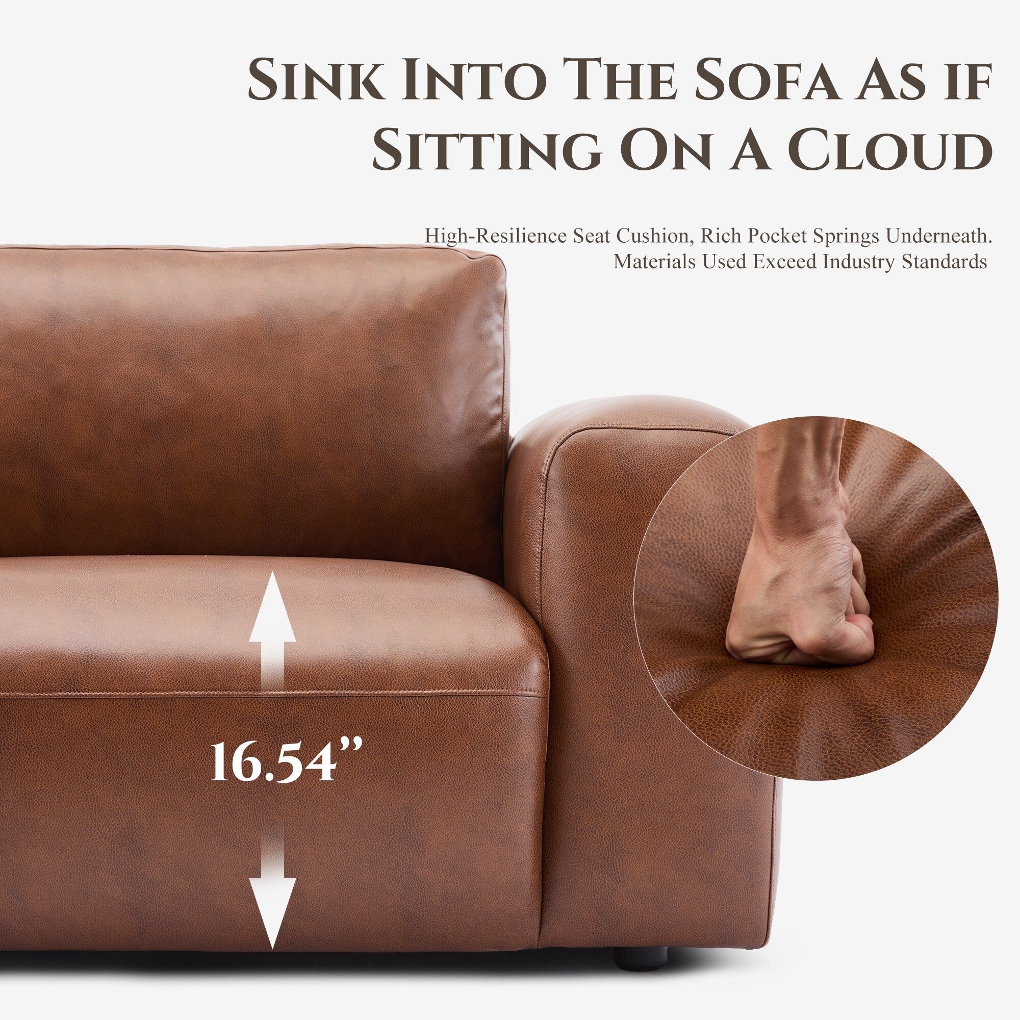 Canapé 3 places surdimensionné 95 cm - Assises extra profondes et accoudoirs larges, canapé en cuir synthétique garni de duvet pour salon et appartement