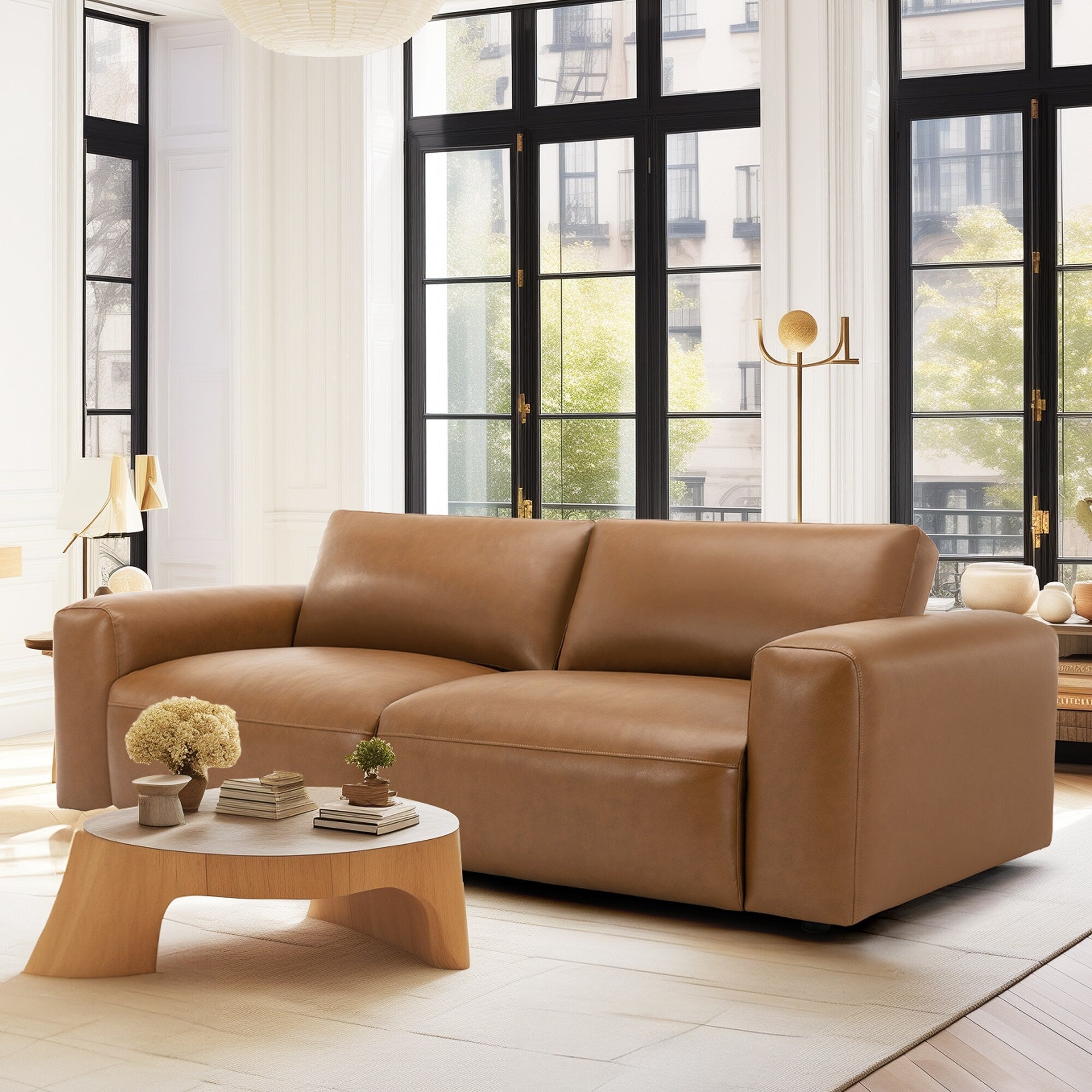 Canapé 3 places surdimensionné 95 cm - Assises extra profondes et accoudoirs larges, canapé en cuir synthétique garni de duvet pour salon et appartement