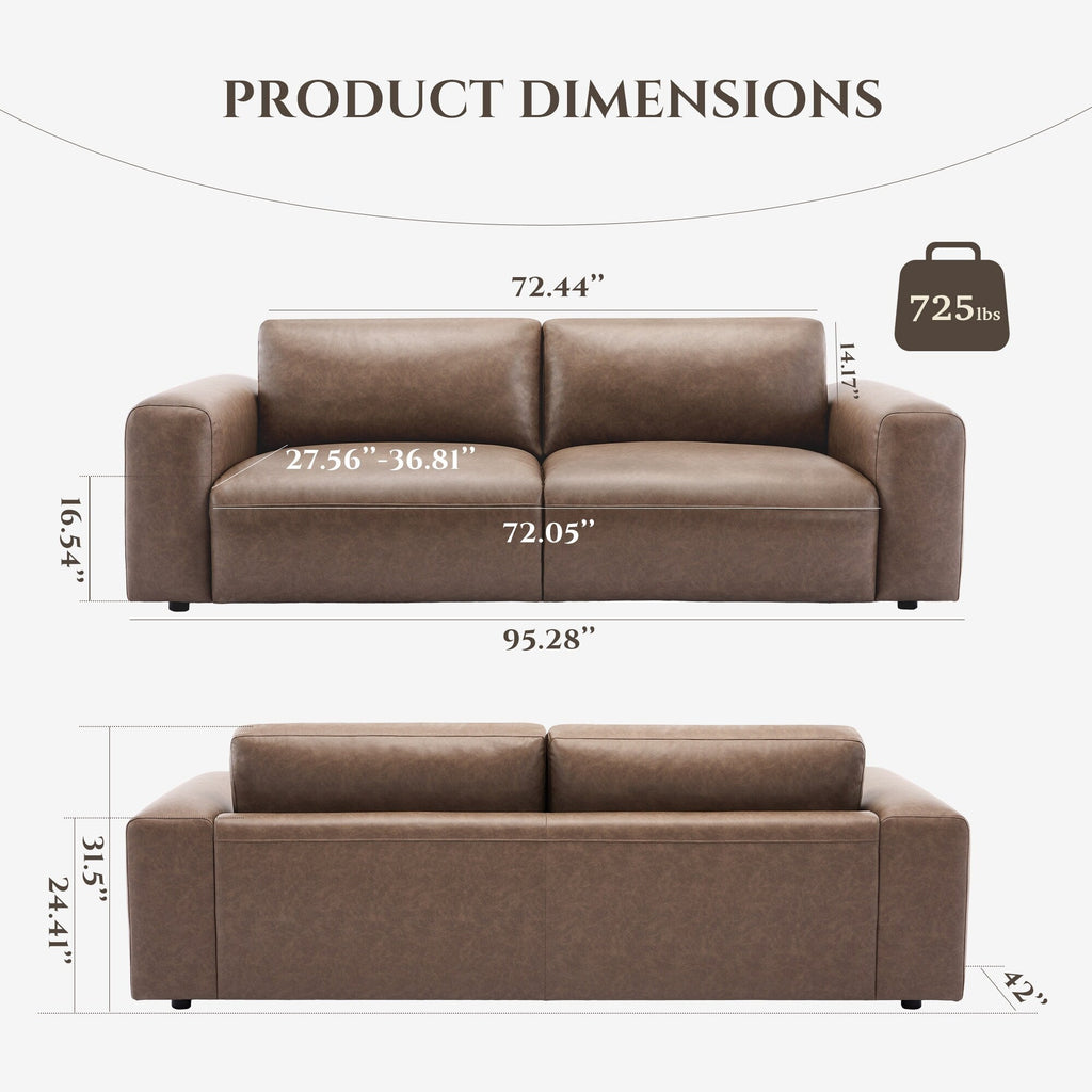 Canapé 3 places surdimensionné 95 cm - Assises extra profondes et accoudoirs larges, canapé en cuir synthétique garni de duvet pour salon et appartement