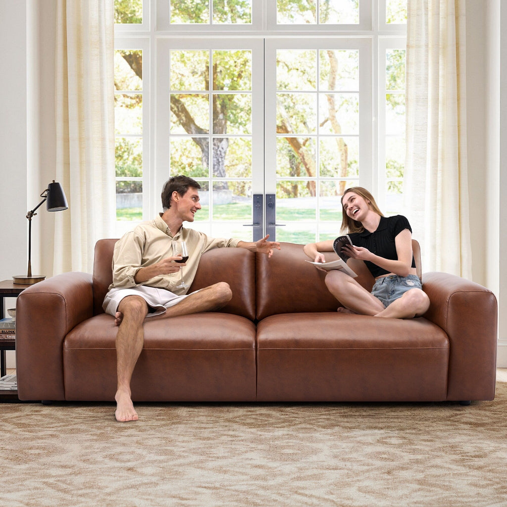 Canapé 3 places surdimensionné 95 cm - Assises extra profondes et accoudoirs larges, canapé en cuir synthétique garni de duvet pour salon et appartement