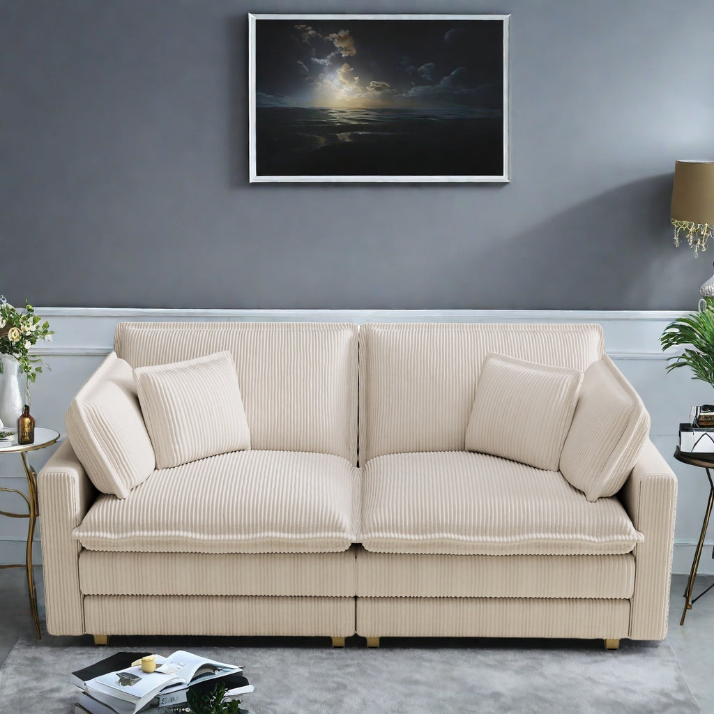Canapé 3 places classique moderne en velours côtelé 96 - Assise profonde, avec 4 coussins pour le salon
