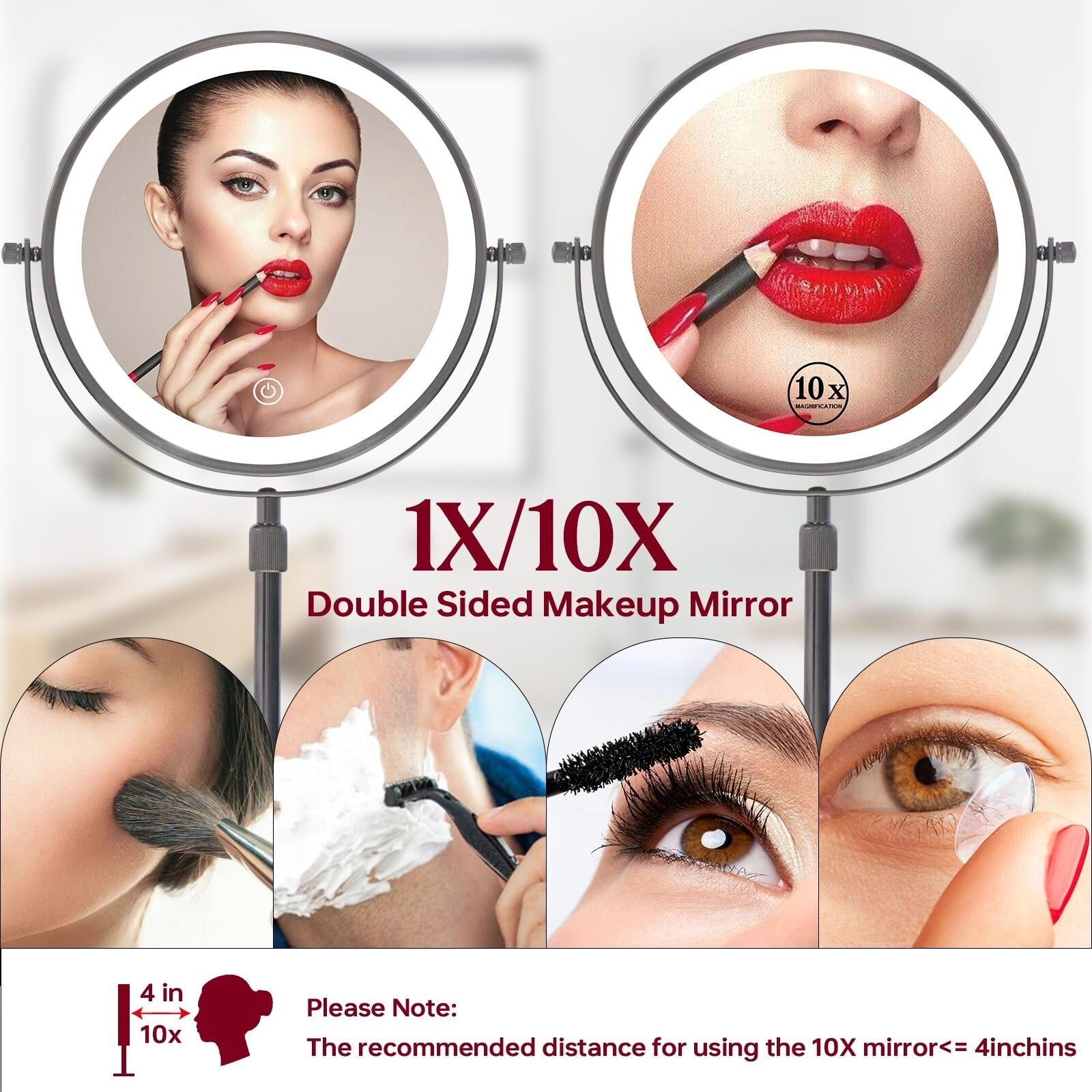 Miroir de maquillage éclairé à 9 LED, miroir grossissant double face avec grossissement 1X/10x, 3 couleurs d'éclairage