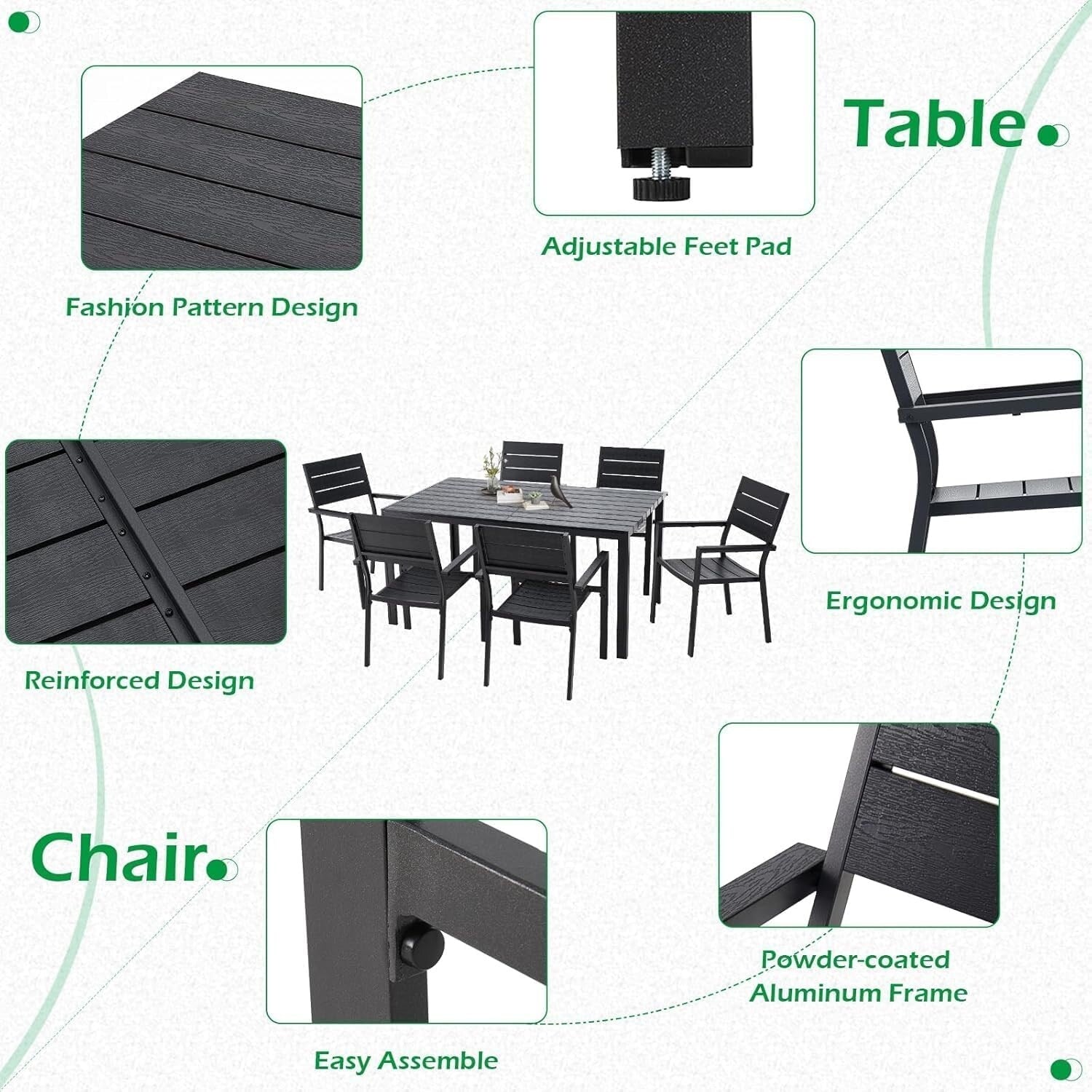 Ensemble de salle à manger d'extérieur AECOJOY 7 pièces, table et chaises de patio en aluminium 60 x 36 pour 6 personnes avec table rectangulaire
