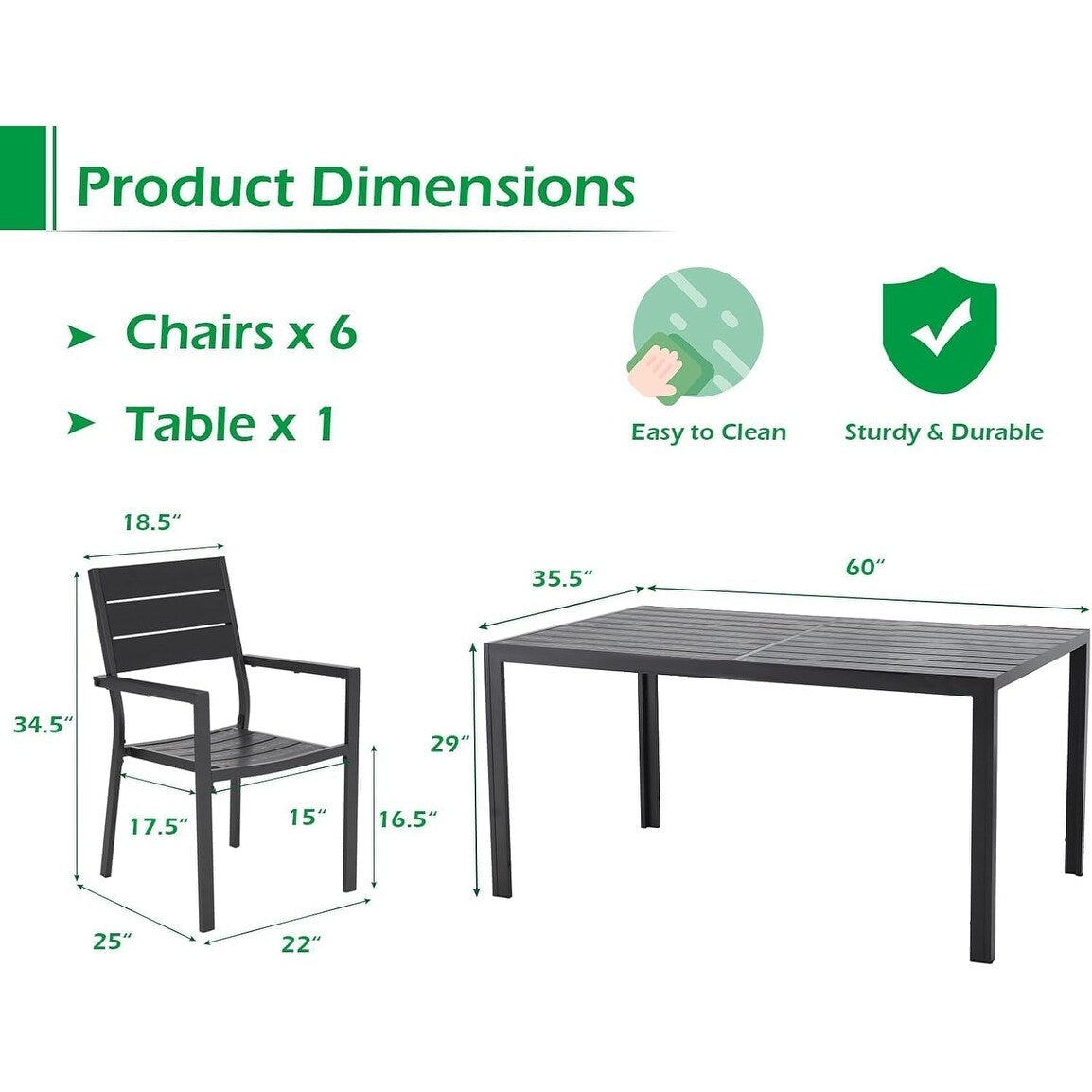 Ensemble de salle à manger d'extérieur AECOJOY 7 pièces, table et chaises de patio en aluminium 60 x 36 pour 6 personnes avec table rectangulaire