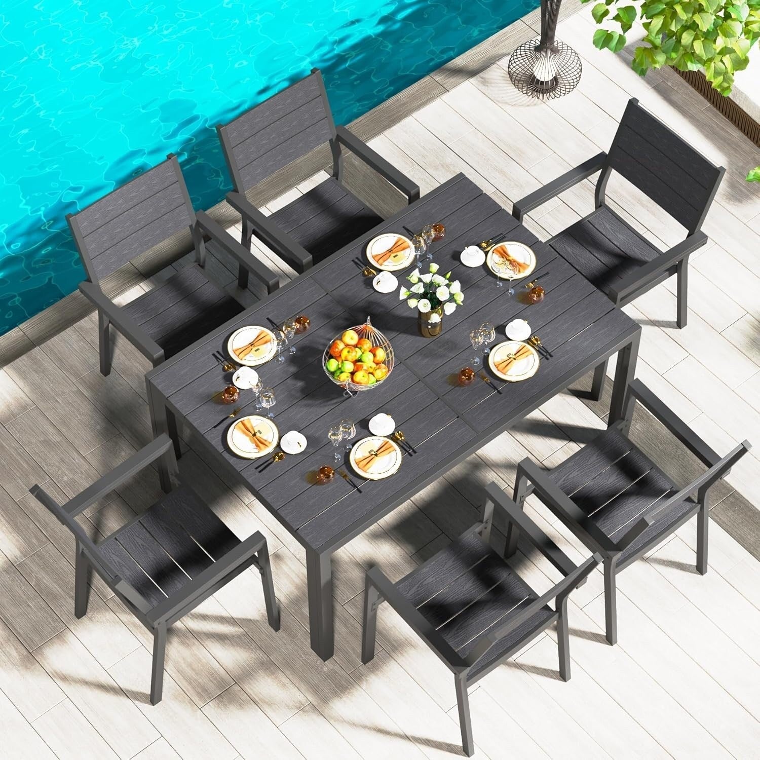 Ensemble de salle à manger d'extérieur AECOJOY 7 pièces, table et chaises de patio en aluminium 60 x 36 pour 6 personnes avec table rectangulaire