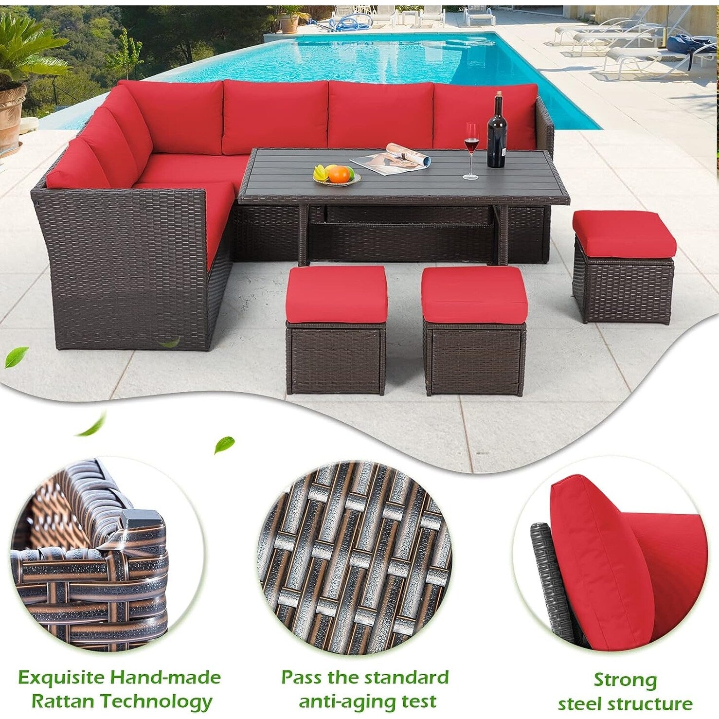 Canapé sectionnel en osier pour patio extérieur AECOJOY 7 pièces avec table à manger