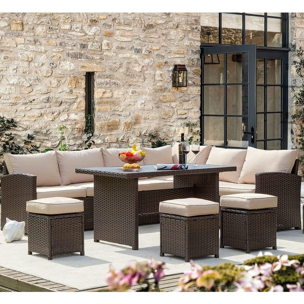 Canapé sectionnel en osier pour patio extérieur AECOJOY 7 pièces avec table à manger