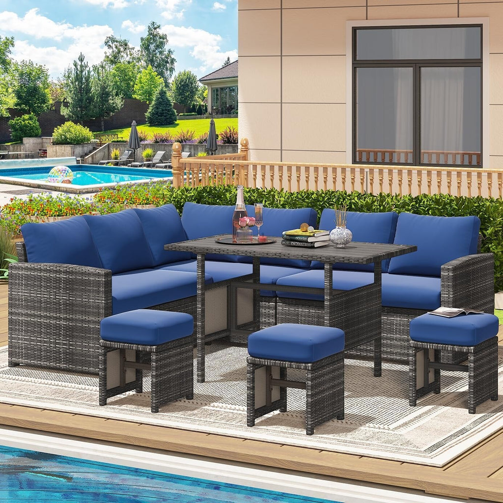 Canapé sectionnel en osier pour patio extérieur AECOJOY 7 pièces avec table à manger