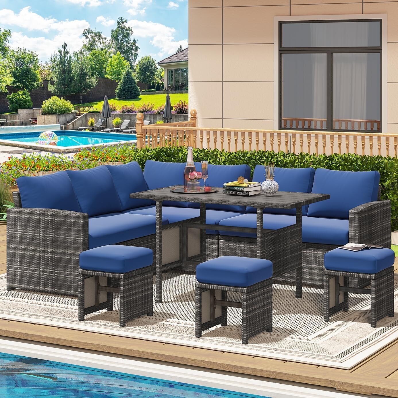 Canapé sectionnel en osier pour patio extérieur AECOJOY 7 pièces avec table à manger