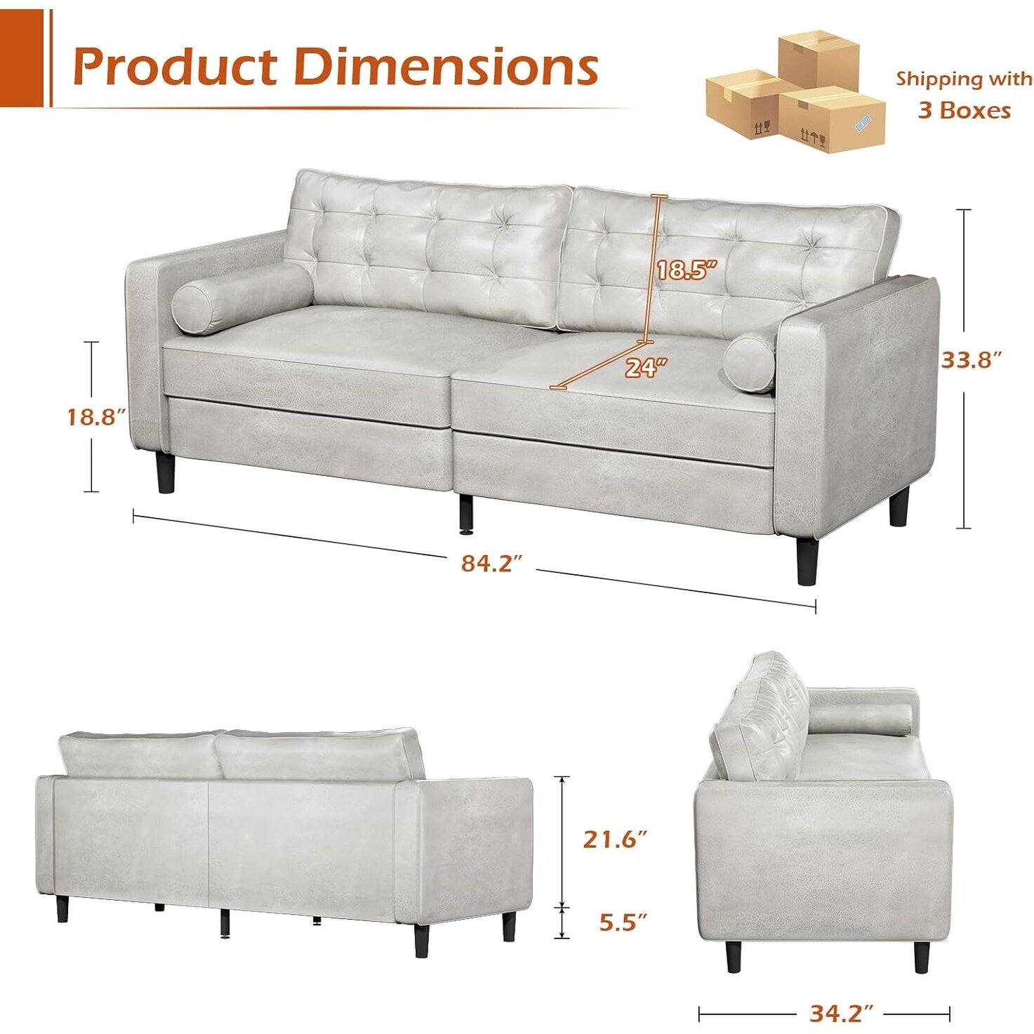 Canapé moderne du milieu du siècle AECOJOY 84.2 avec 2 coussins traversins