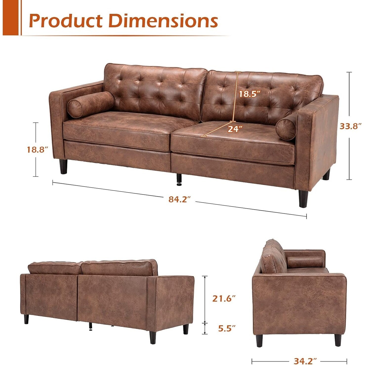 Canapé moderne du milieu du siècle AECOJOY 84.2 avec 2 coussins traversins