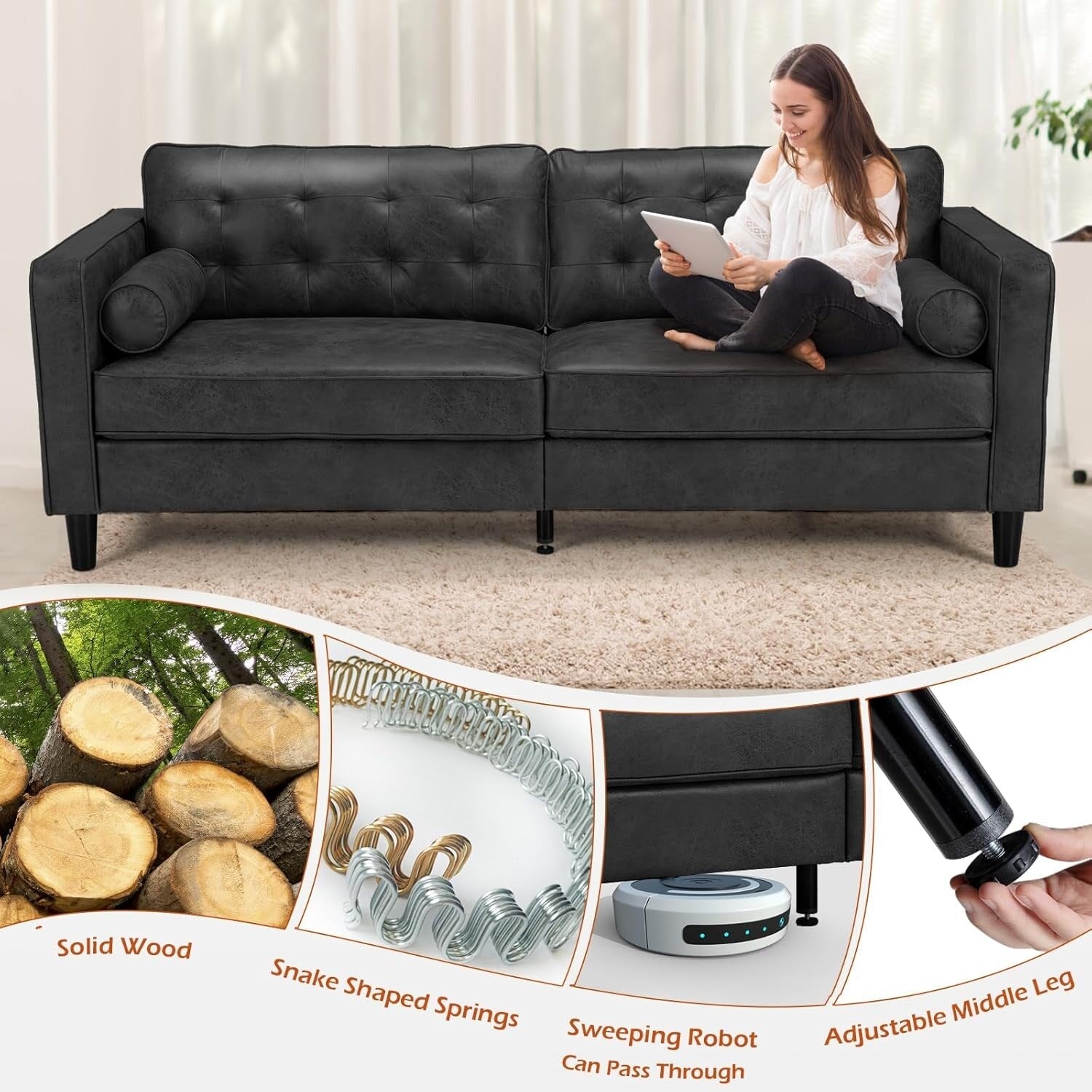 Canapé moderne du milieu du siècle AECOJOY 84.2 avec 2 coussins traversins