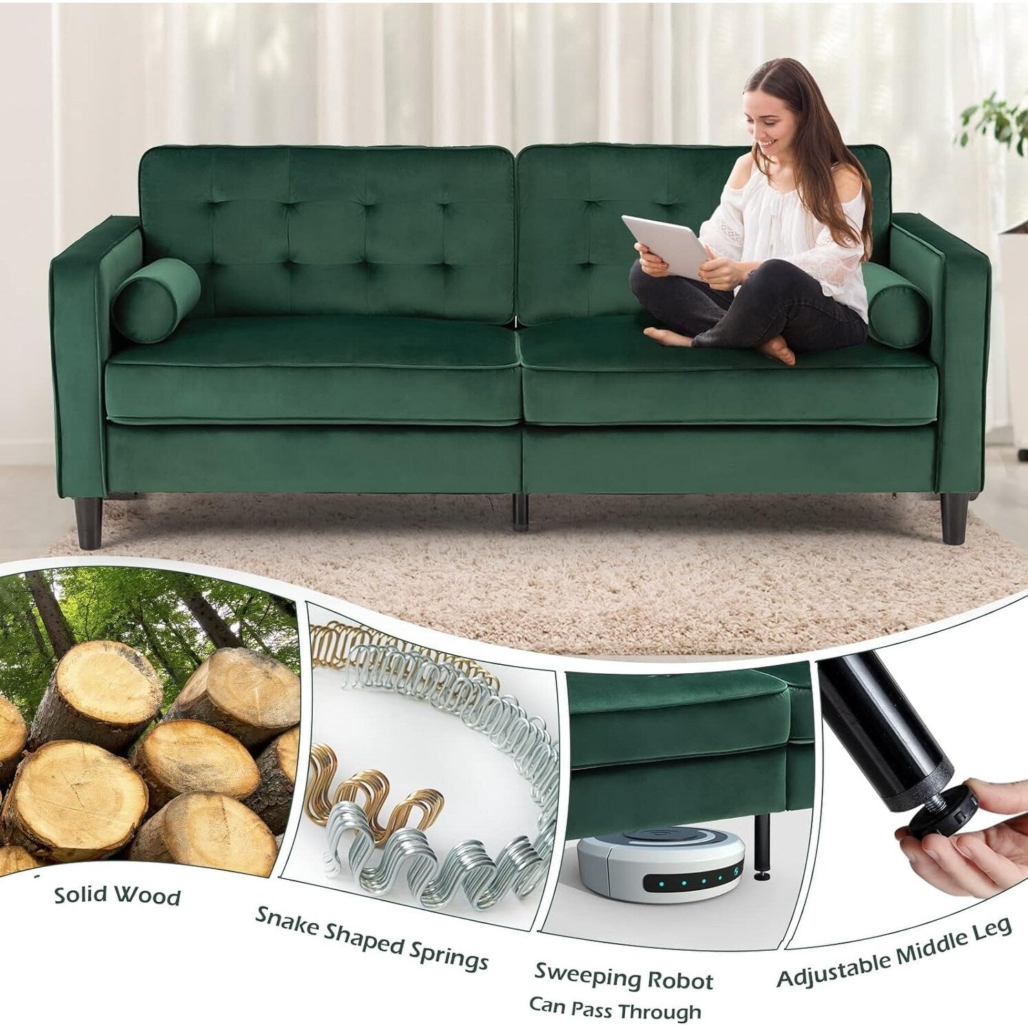 Canapé moderne du milieu du siècle AECOJOY 84.2 avec 2 coussins traversins