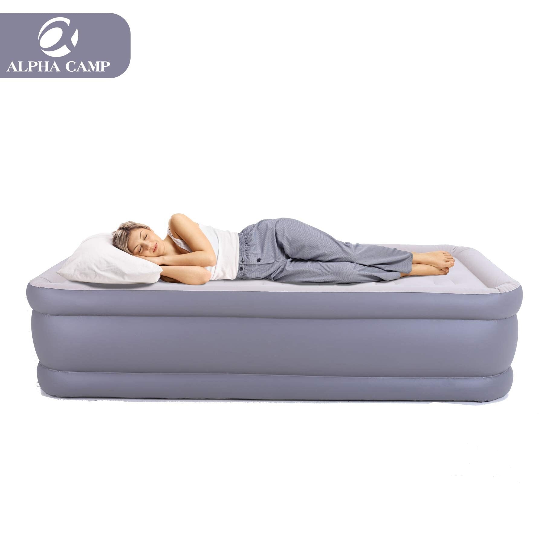 Matelas pneumatiques ALPHA CAMP avec pompe intégrée, matelas gonflable à dessus floqué pour camping, voyage, maison