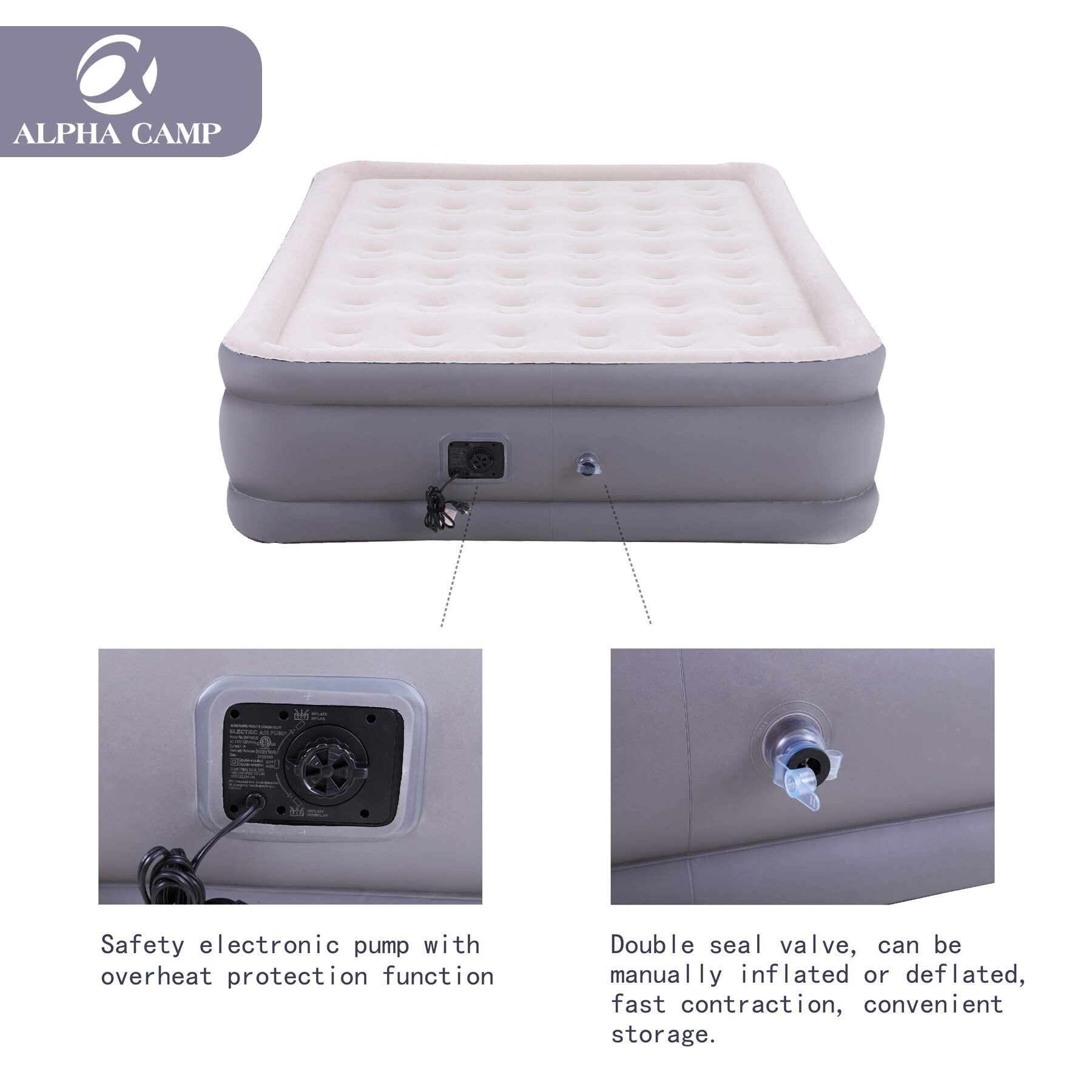 Matelas pneumatiques ALPHA CAMP avec pompe intégrée, matelas gonflable à dessus floqué pour camping, voyage, maison