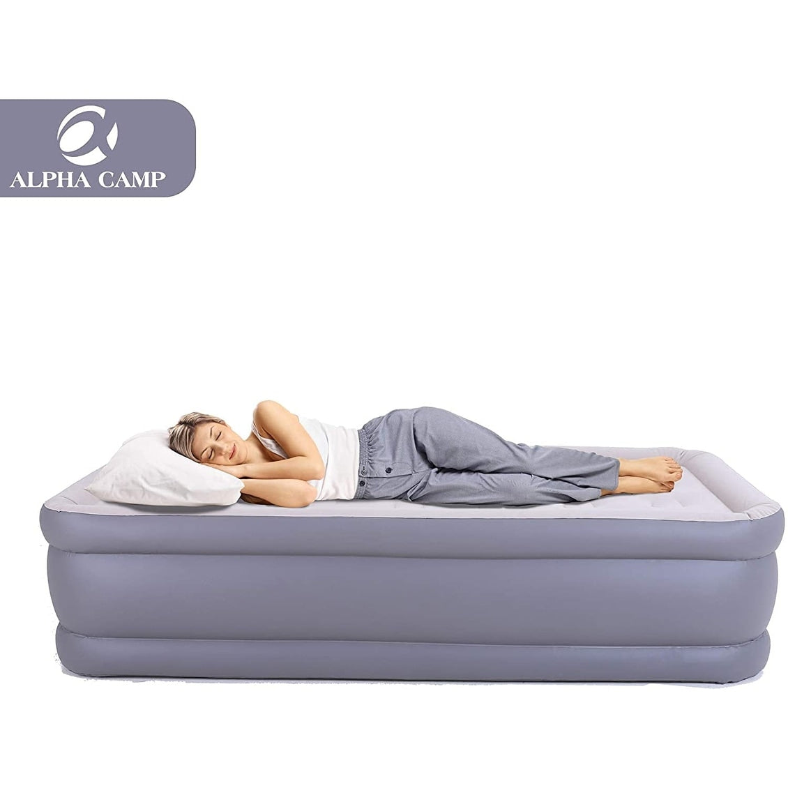 Matelas pneumatiques ALPHA CAMP avec pompe intégrée, matelas gonflable à dessus floqué pour camping, voyage, maison