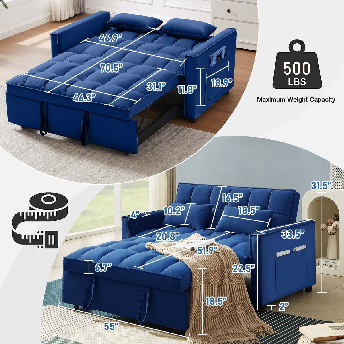 Canapé-lit convertible en velours Aukfa avec poche latérale