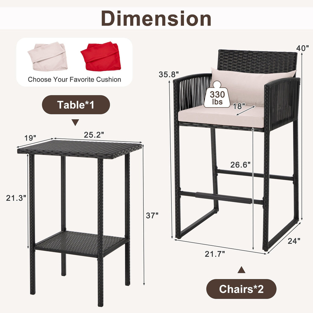 Ensemble de bar en osier AVAWING 3 pièces avec housse de coussin supplémentaire