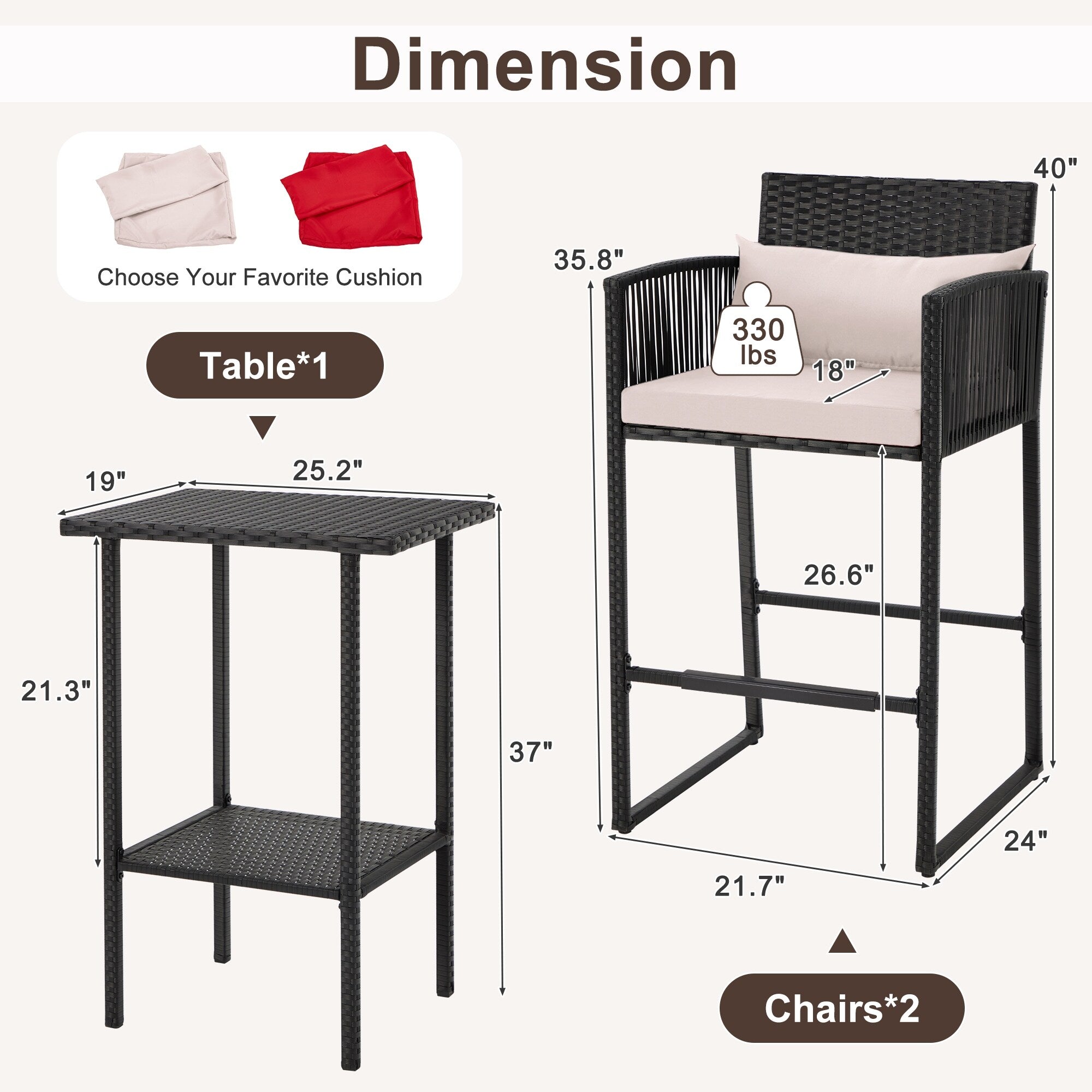 Ensemble de bar en osier AVAWING 3 pièces avec housse de coussin supplémentaire