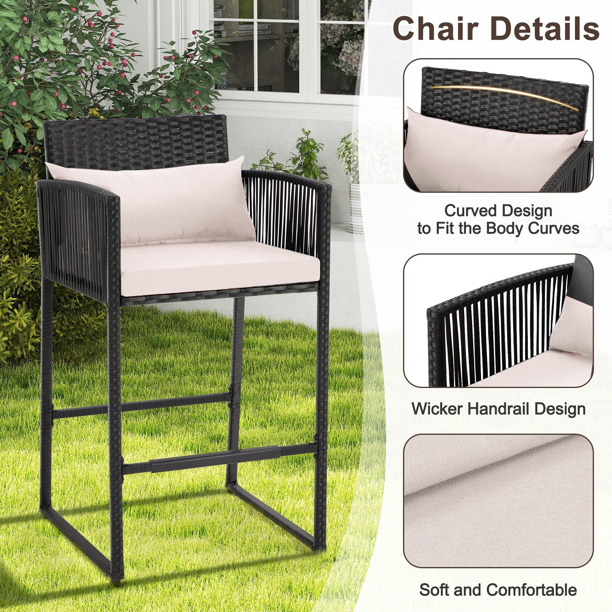 Ensemble de bar en osier AVAWING 3 pièces avec housse de coussin supplémentaire