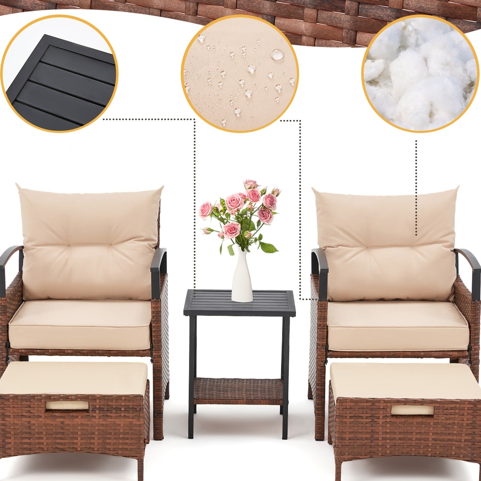 Ensemble de meubles de patio AVAWING 5 pièces en osier avec table basse et pouf