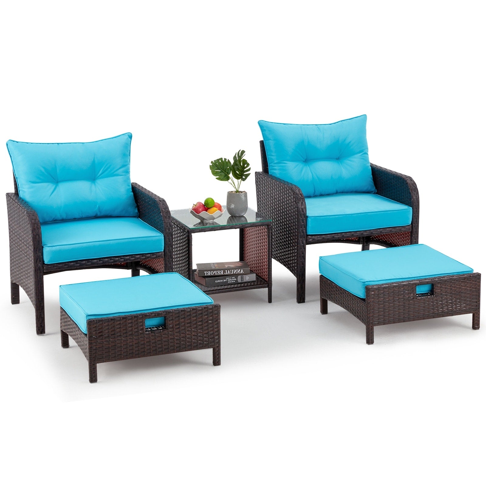 Ensemble de salon de jardin AVAWING 5 pièces en rotin et osier bleu avec table ottomane