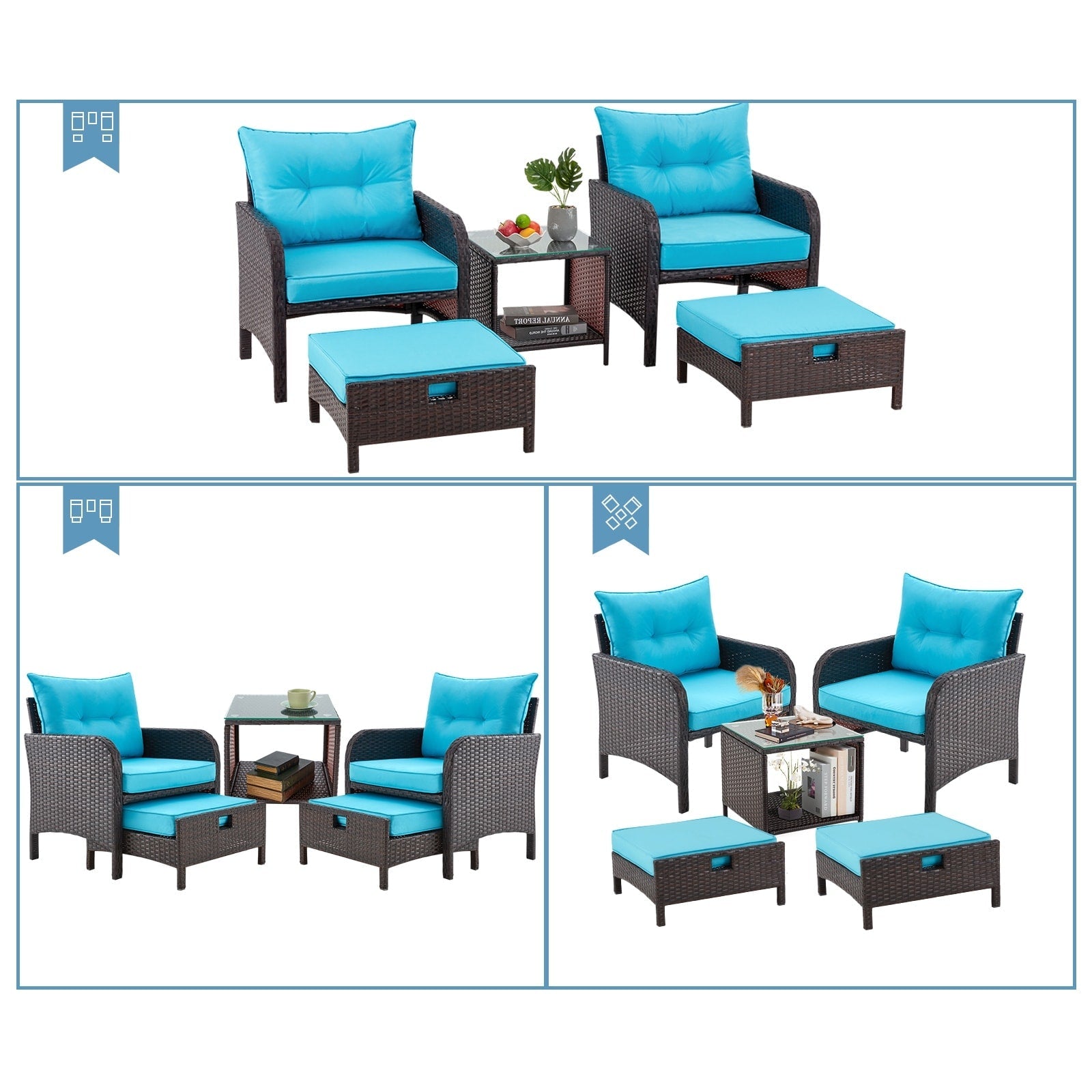 Ensemble de salon de jardin AVAWING 5 pièces en rotin et osier bleu avec table ottomane