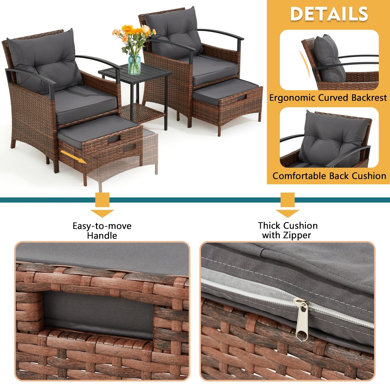 Ensemble de meubles de patio AVAWING 5 pièces en osier avec table basse et pouf