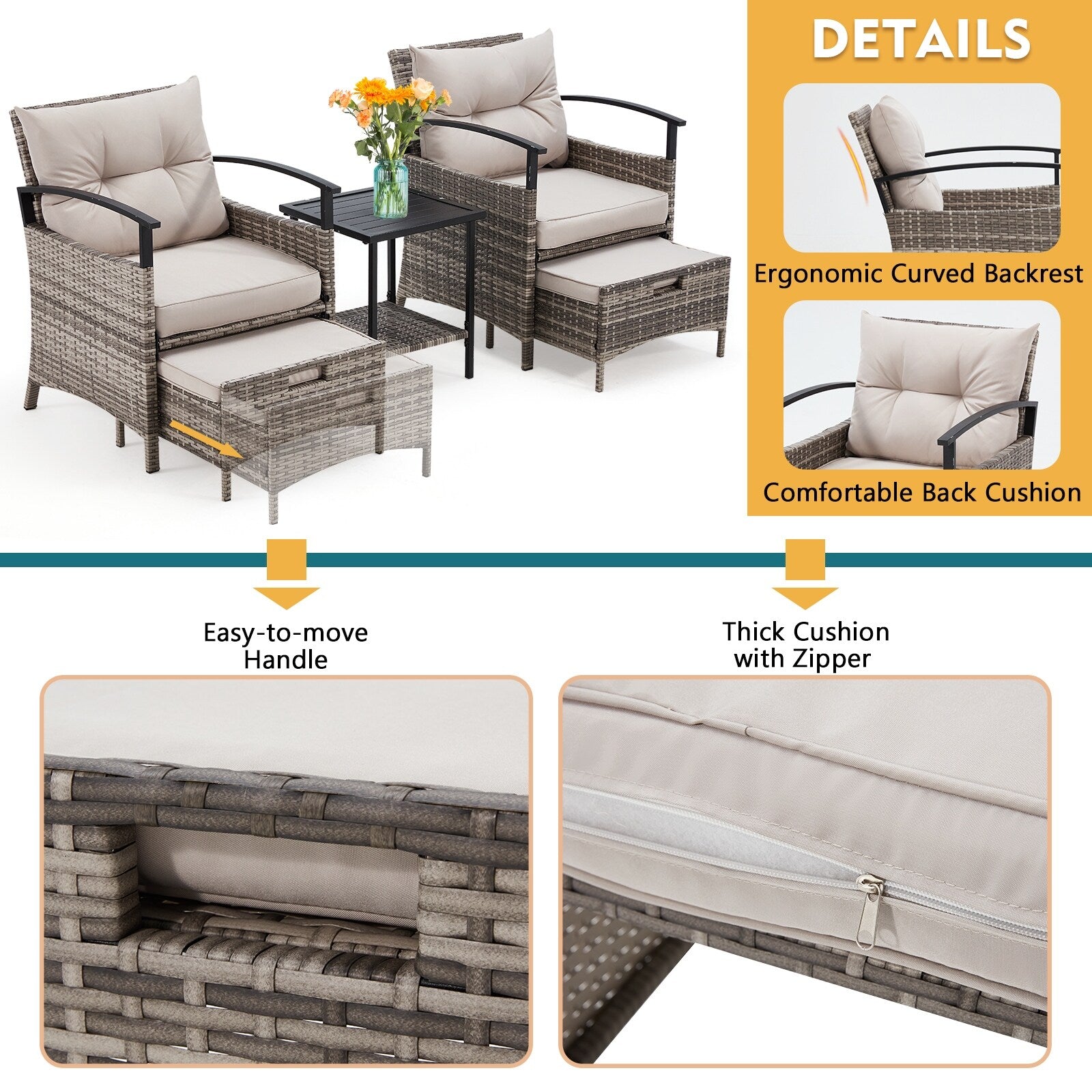 Ensemble de meubles de patio AVAWING 5 pièces en osier avec table basse et pouf