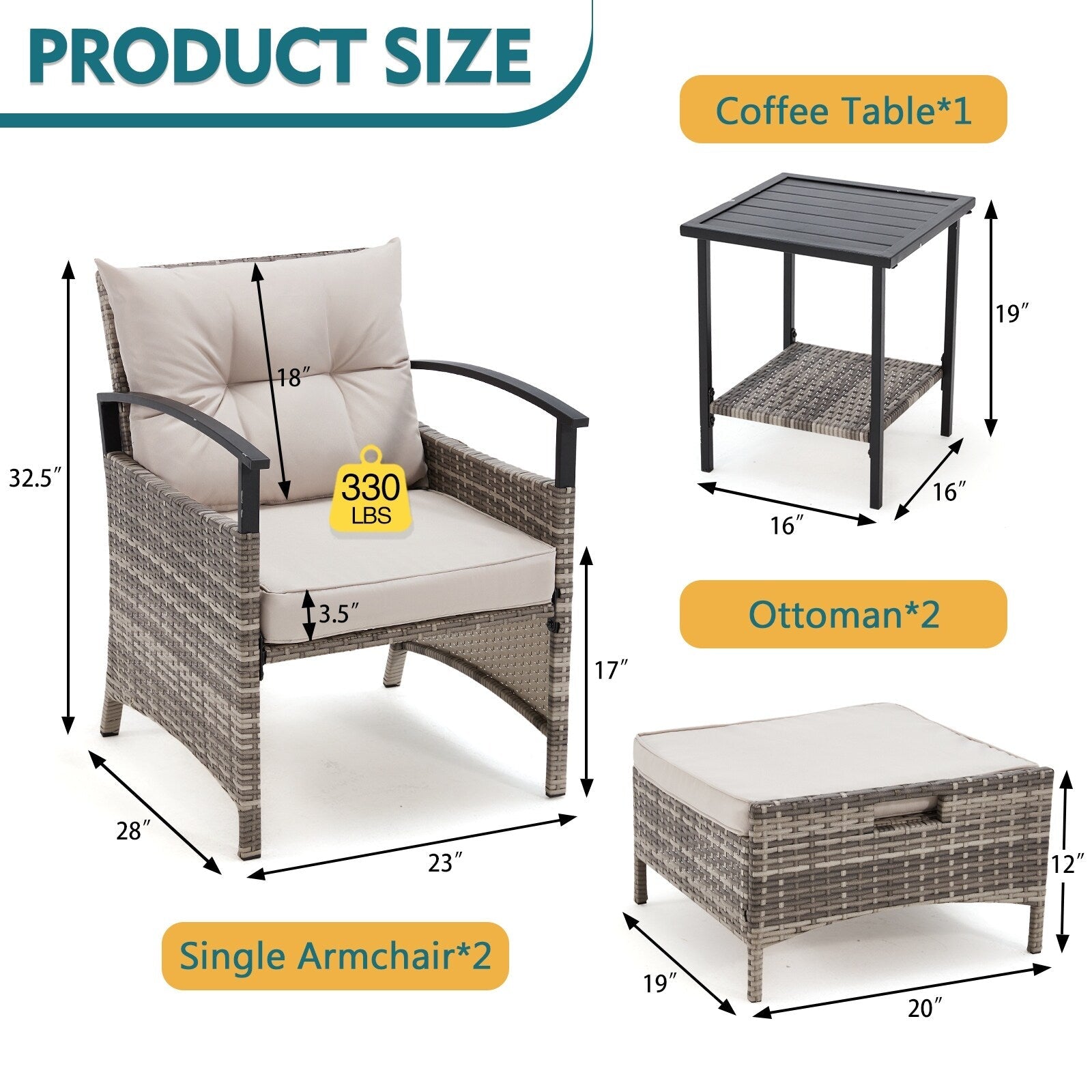 Ensemble de meubles de patio AVAWING 5 pièces en osier avec table basse et pouf