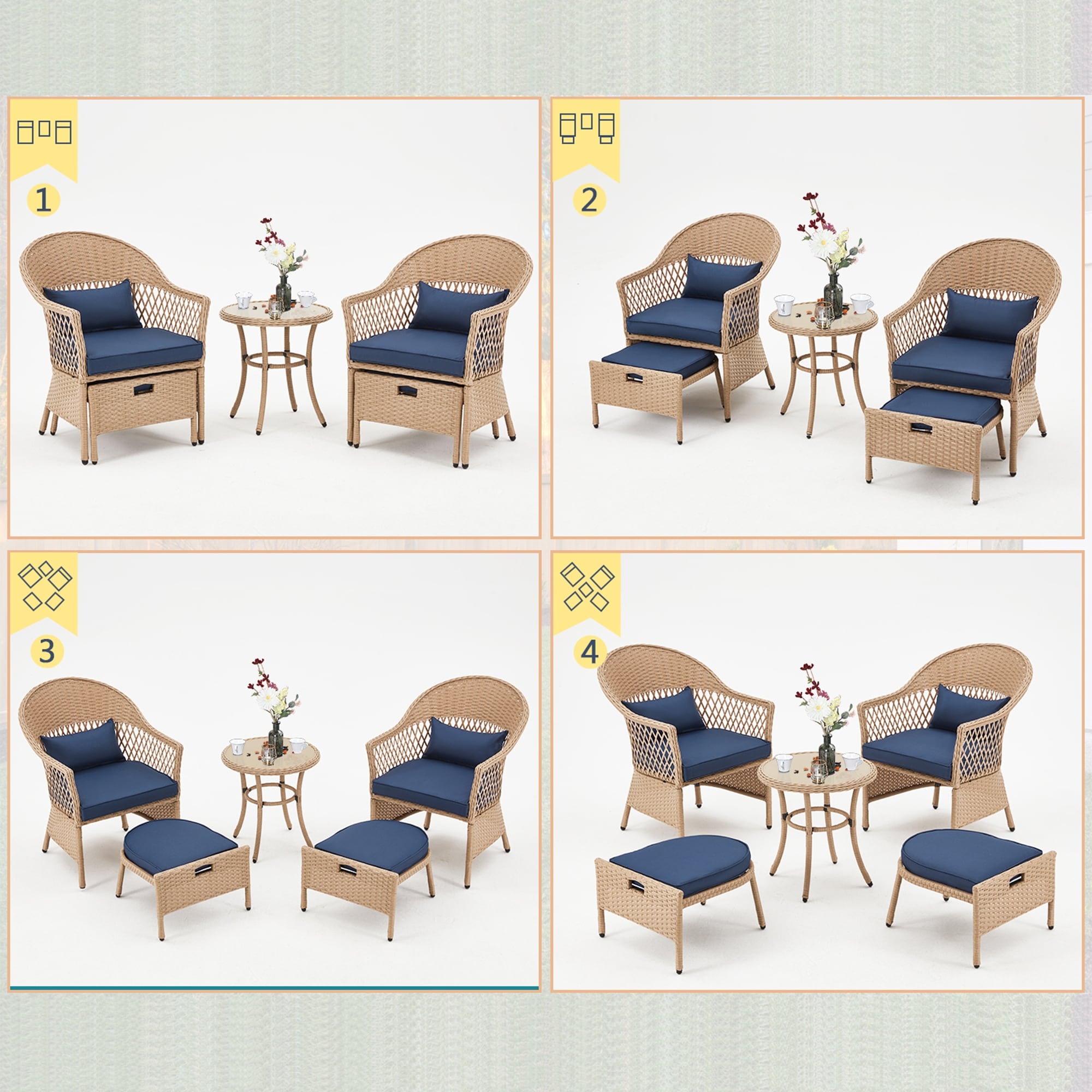 Ensemble de meubles de patio AVAWING 5 pièces, chaises d'extérieur en rotin, ensemble de conversation bistro en osier