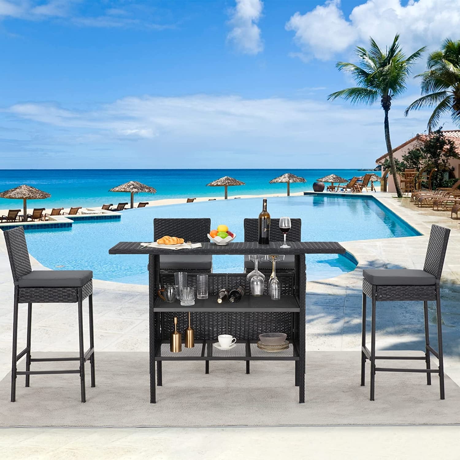 Ensemble de bar de patio AVAWING 5 pièces en rotin avec coussin amovible