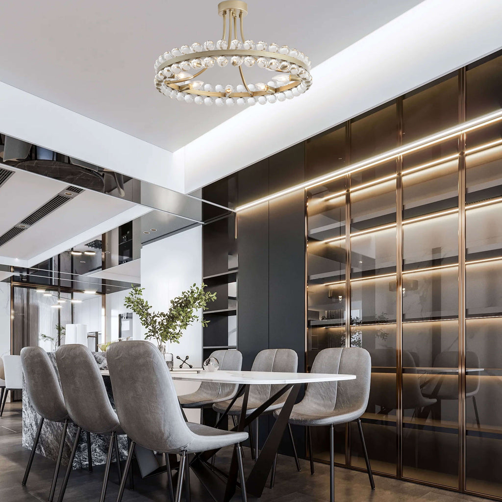 Plafonnier semi-encastré en cristal Elvira à 8 lumières, forme de roue de chariot