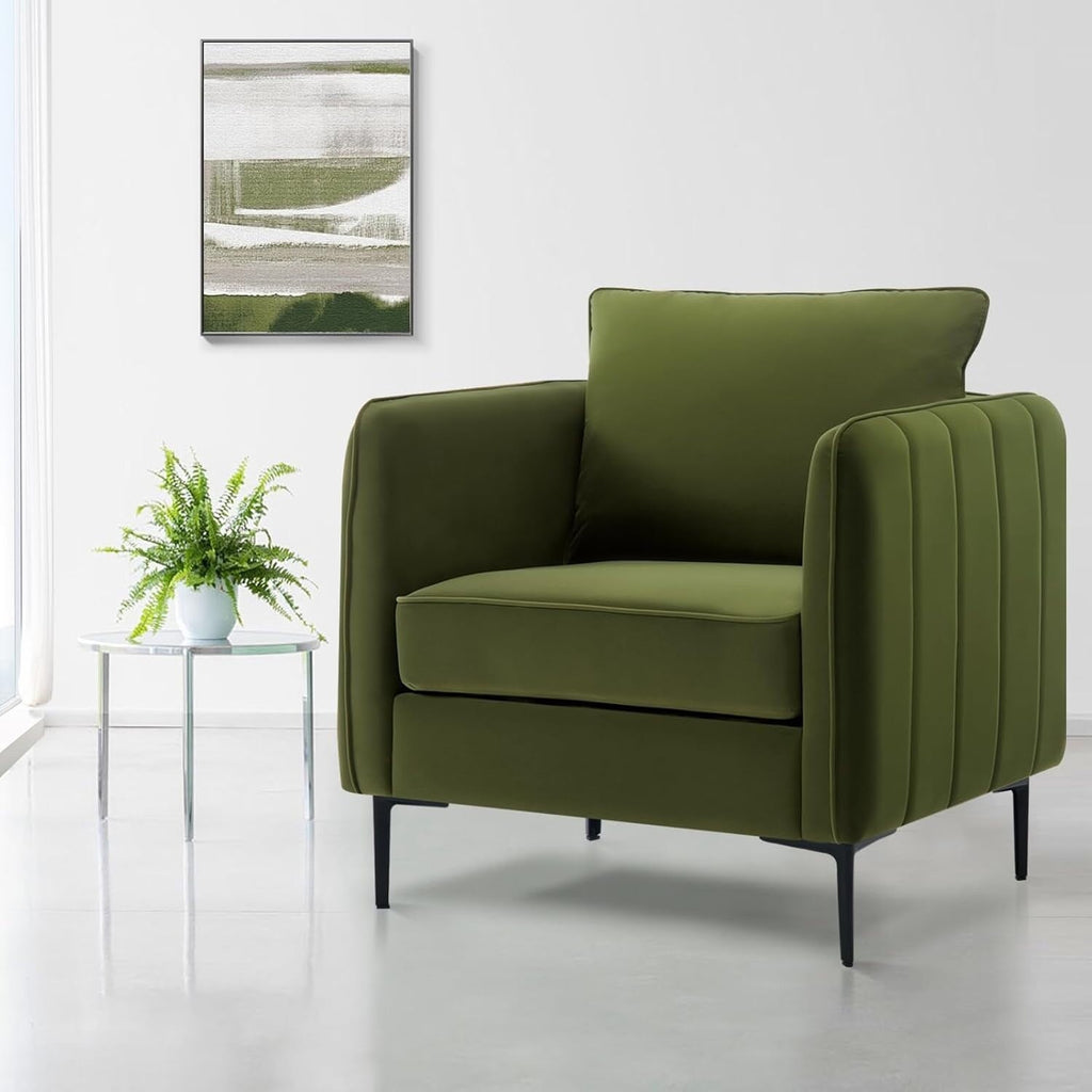 Fauteuil d'appoint pour salon, canapé simple confortable en velours, fauteuil moderne du milieu du siècle avec 1 coussin et pieds en métal