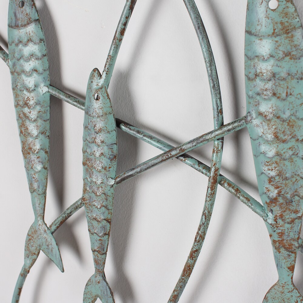 Décoration murale décorative Adeco en fer bleu vieilli, banc de poissons