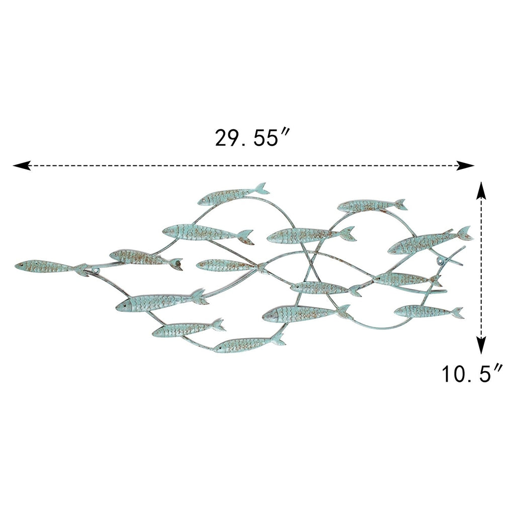 Décoration murale décorative Adeco en fer bleu vieilli, banc de poissons