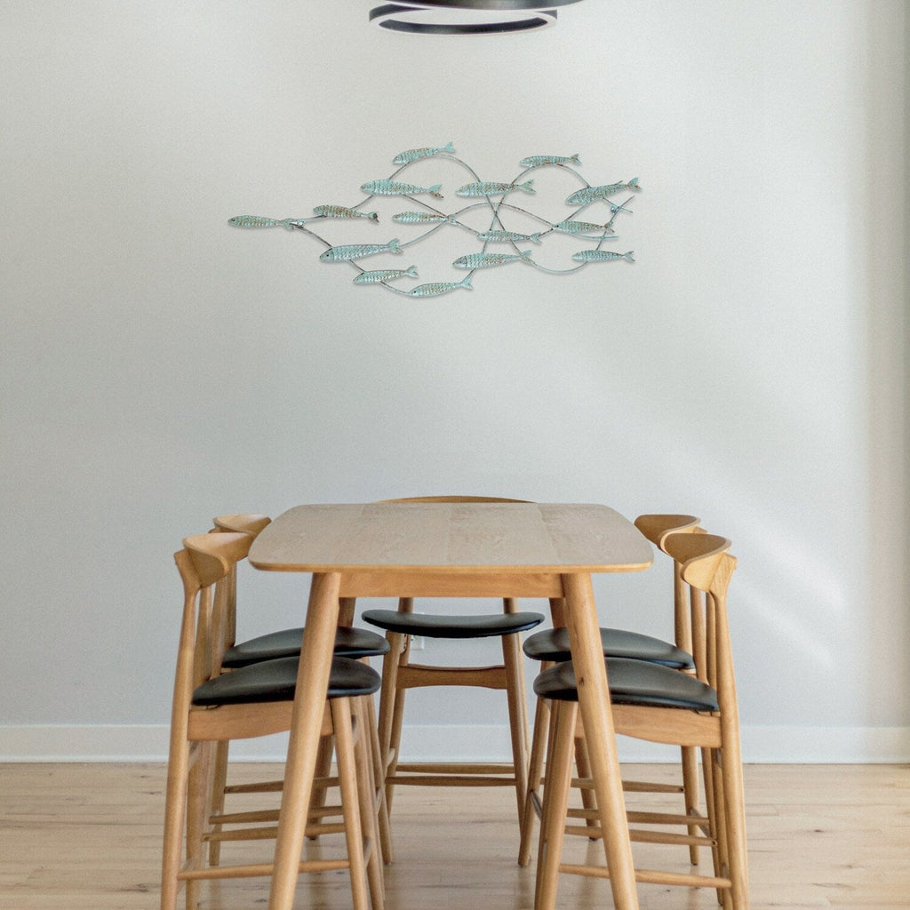 Décoration murale décorative Adeco en fer bleu vieilli, banc de poissons