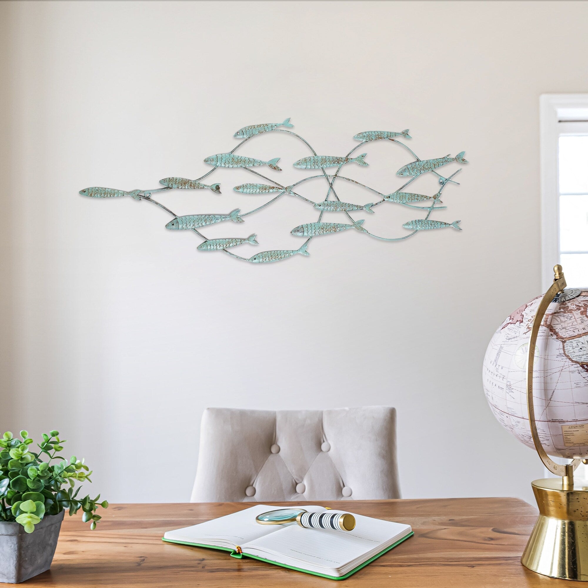 Décoration murale décorative Adeco en fer bleu vieilli, banc de poissons