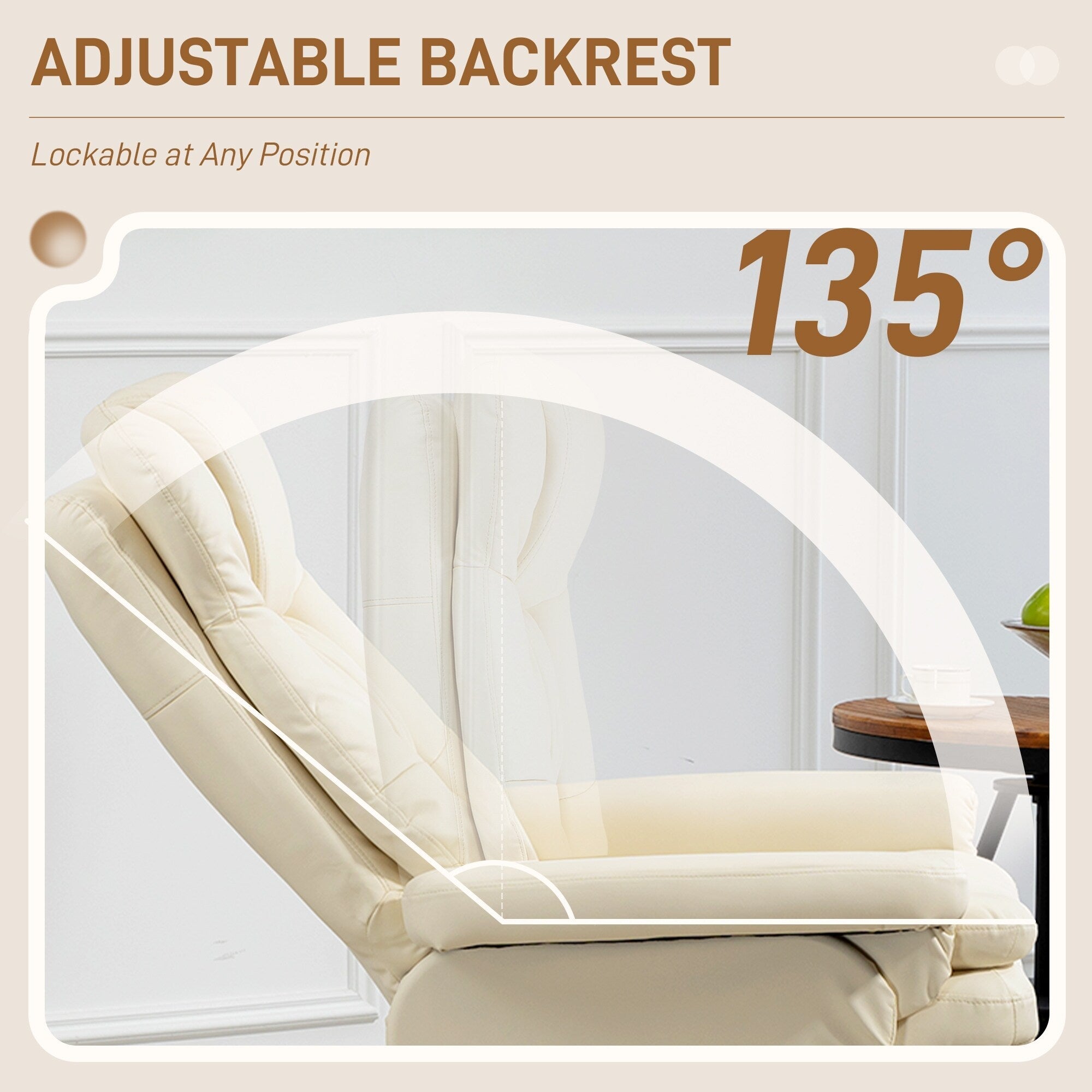 Fauteuil inclinable pivotant réglable en similicuir, fauteuil à dossier haut rembourré avec pouf et base en bois