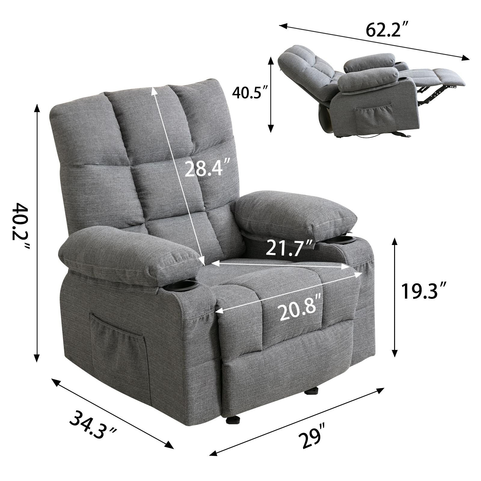 Fauteuil inclinable réglable avec massage, chauffage, ports USB, deux porte-gobelets et poches latérales