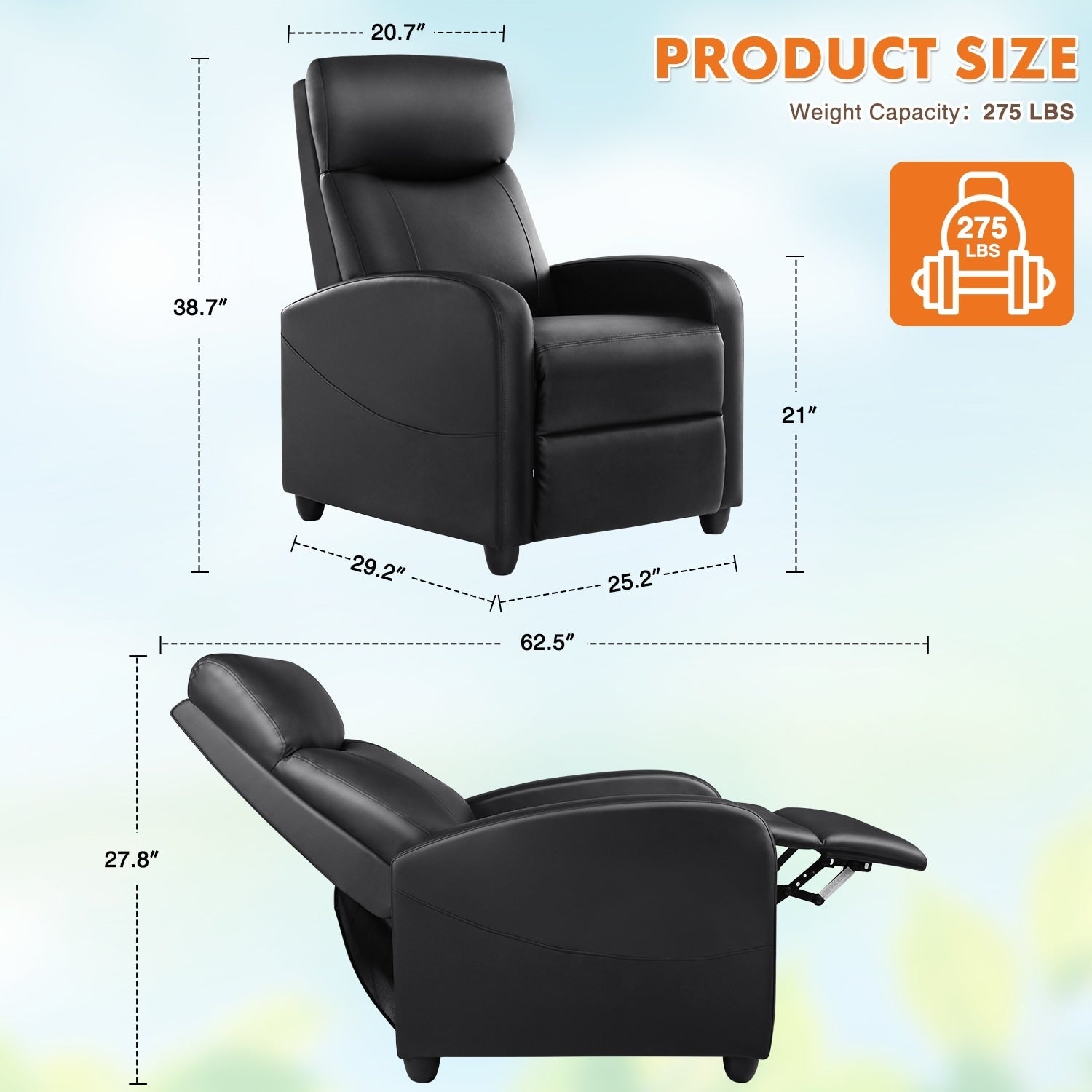 Fauteuil inclinable réglable avec 8 modes de massage et soutien lombaire pour la relaxation et le cinéma maison